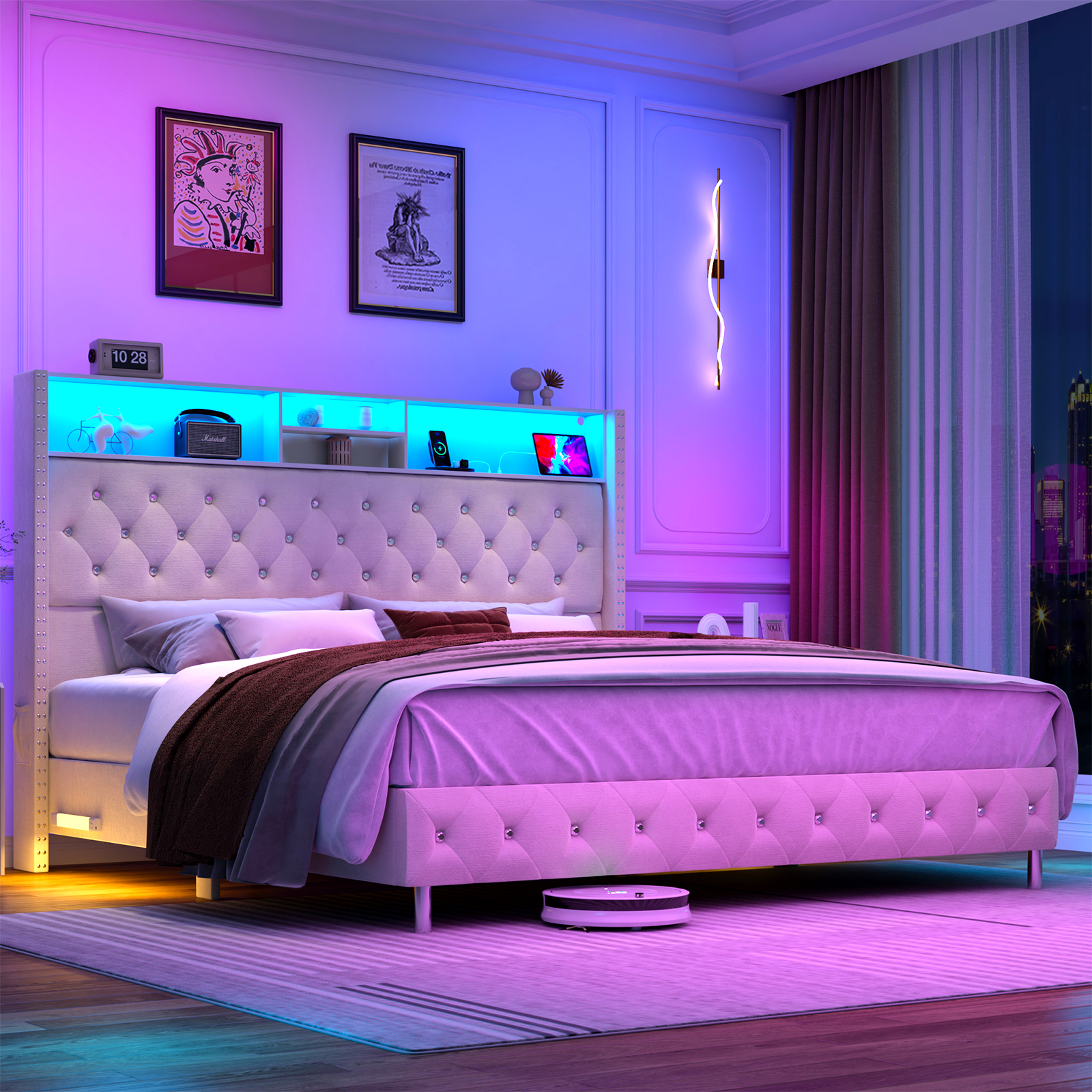 Blotout King LED Upholstered Bed Frame with Storage Wingback Headboard, Velvet Diamond Button Tufted Bed Frame USB & Type-C Ports and Side Pockets, Wood Slats Support, No Box Spring Needed