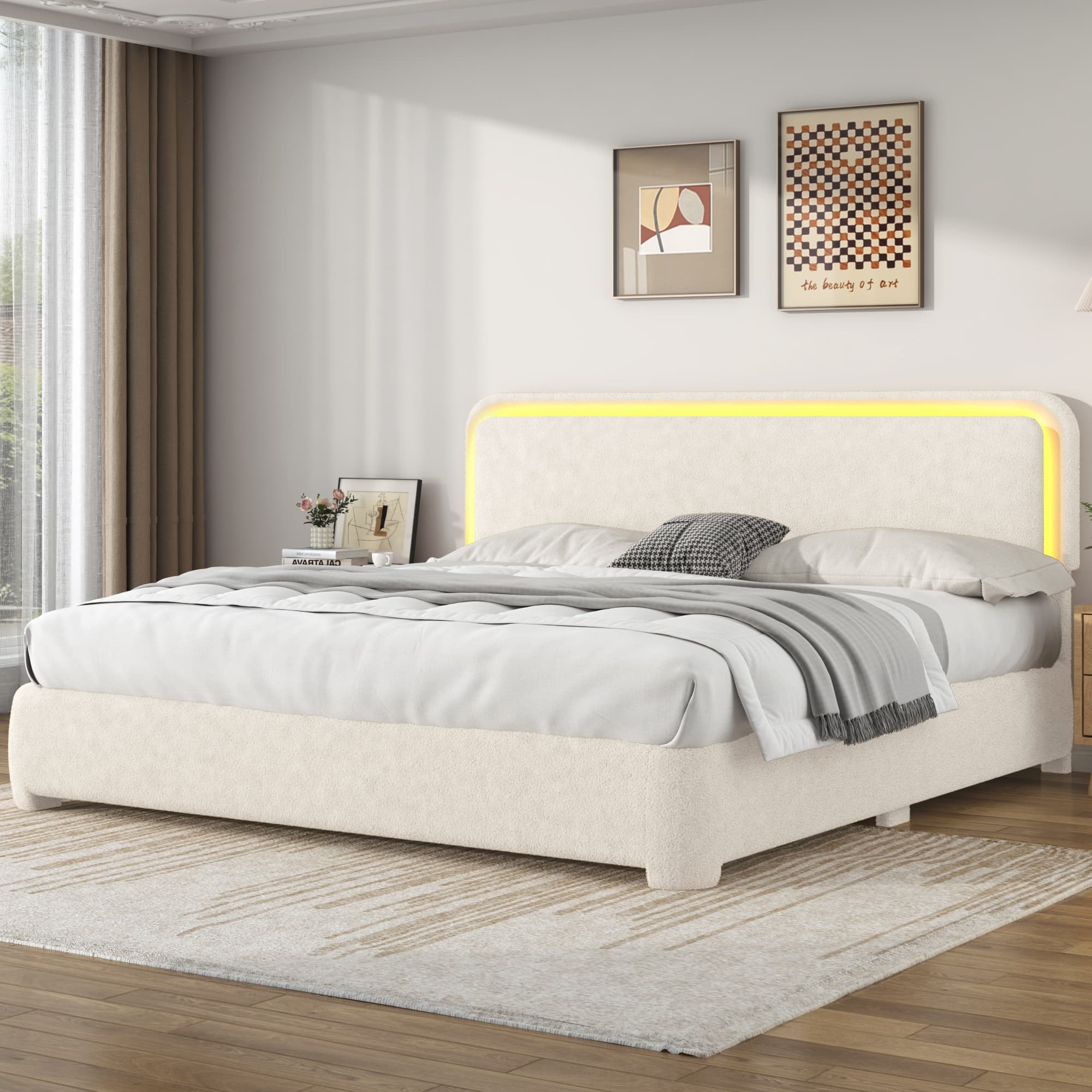 Boucle Bed Frame with LED Light & Adjustable Headboard, Upholstered Platform Bed with Soft Curved Corners