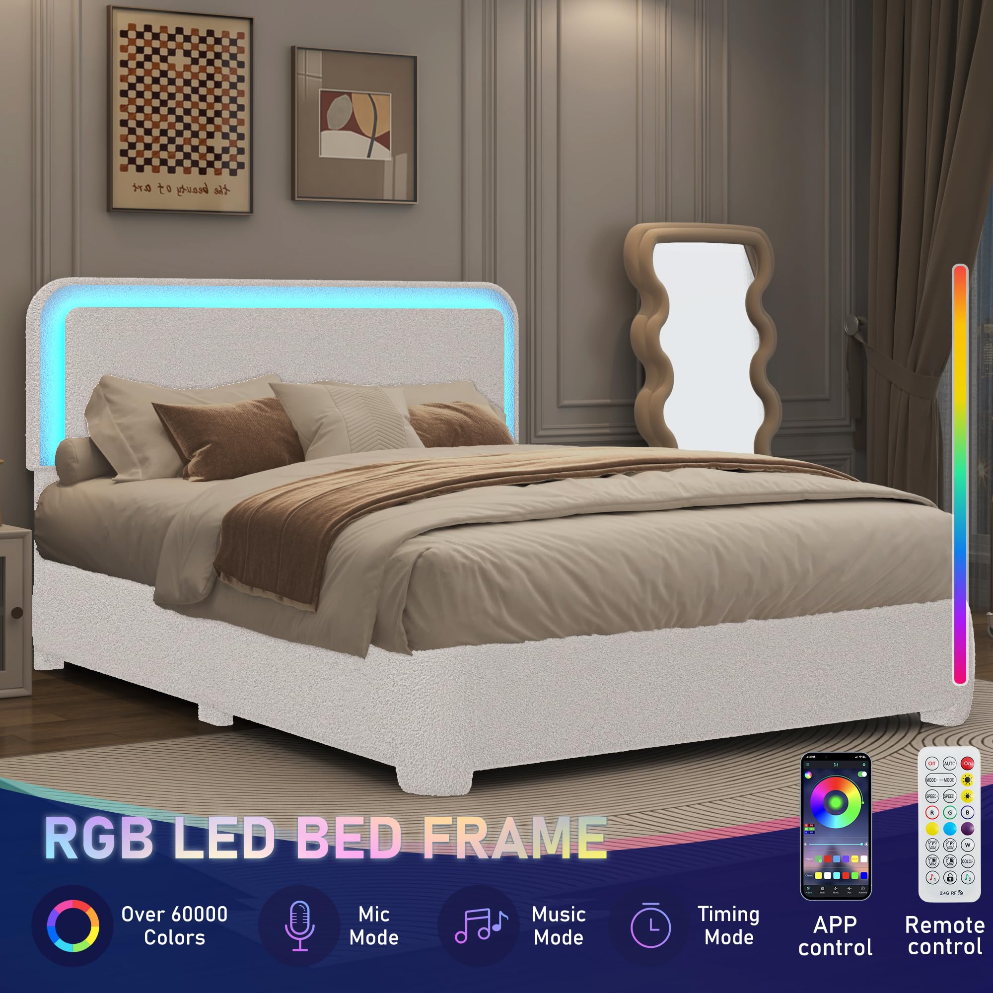 Boucle Bed Frame with LED Light & Adjustable Headboard, Upholstered Platform Bed with Soft Curved Corners