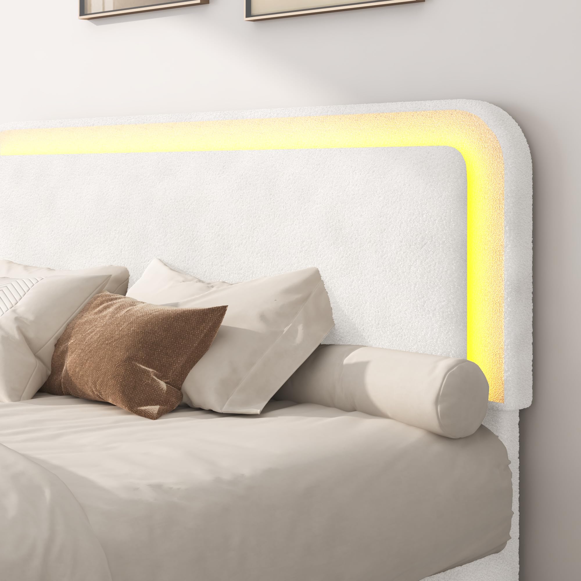 Boucle Bed Frame with LED Light & Adjustable Headboard, Upholstered Platform Bed with Soft Curved Corners