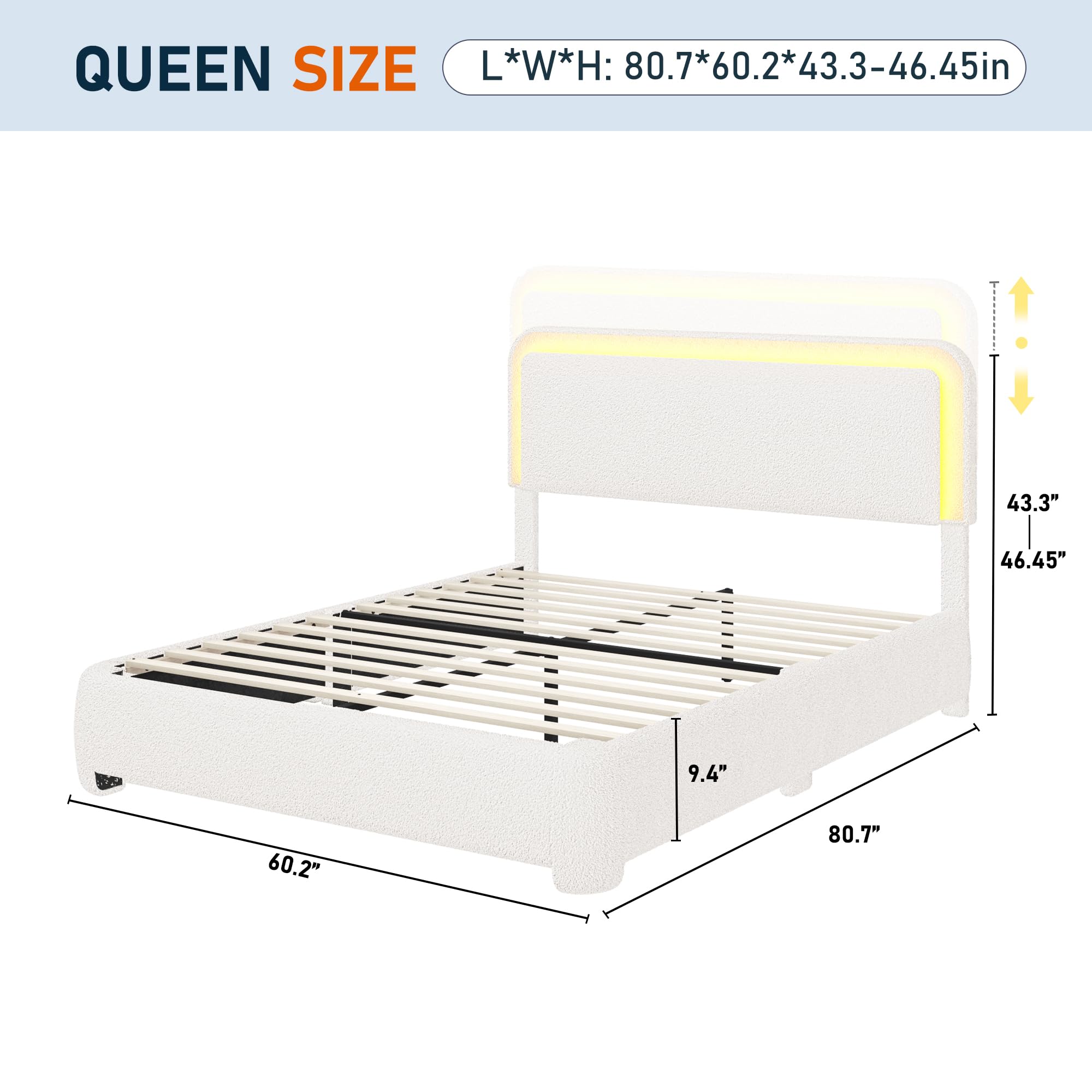 Boucle Bed Frame with LED Light & Adjustable Headboard, Upholstered Platform Bed with Soft Curved Corners