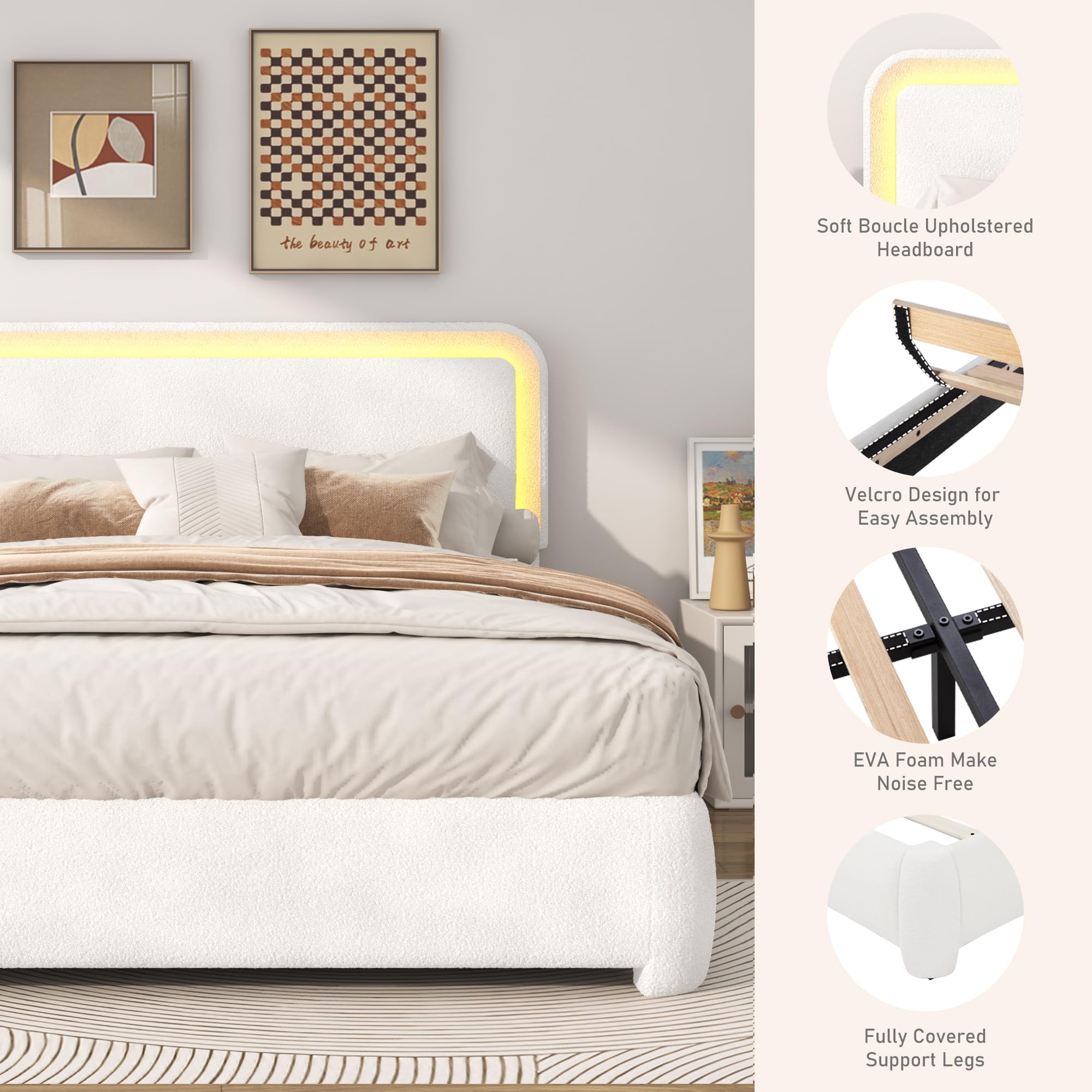 Boucle Bed Frame with LED Light & Adjustable Headboard, Upholstered Platform Bed with Soft Curved Corners