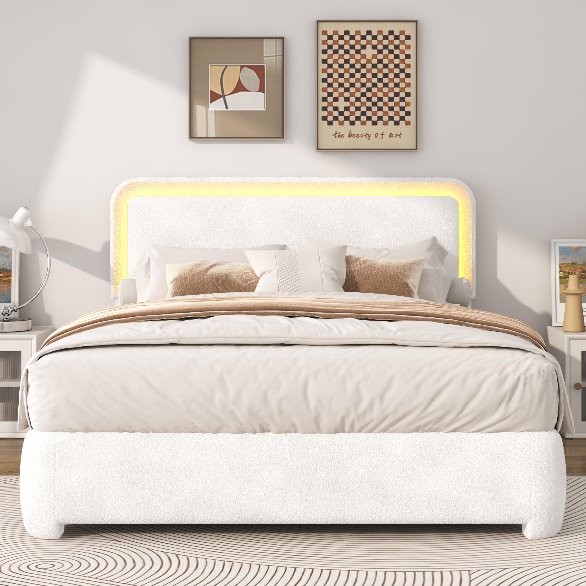 Boucle Bed Frame with LED Light & Adjustable Headboard, Upholstered Platform Bed with Soft Curved Corners