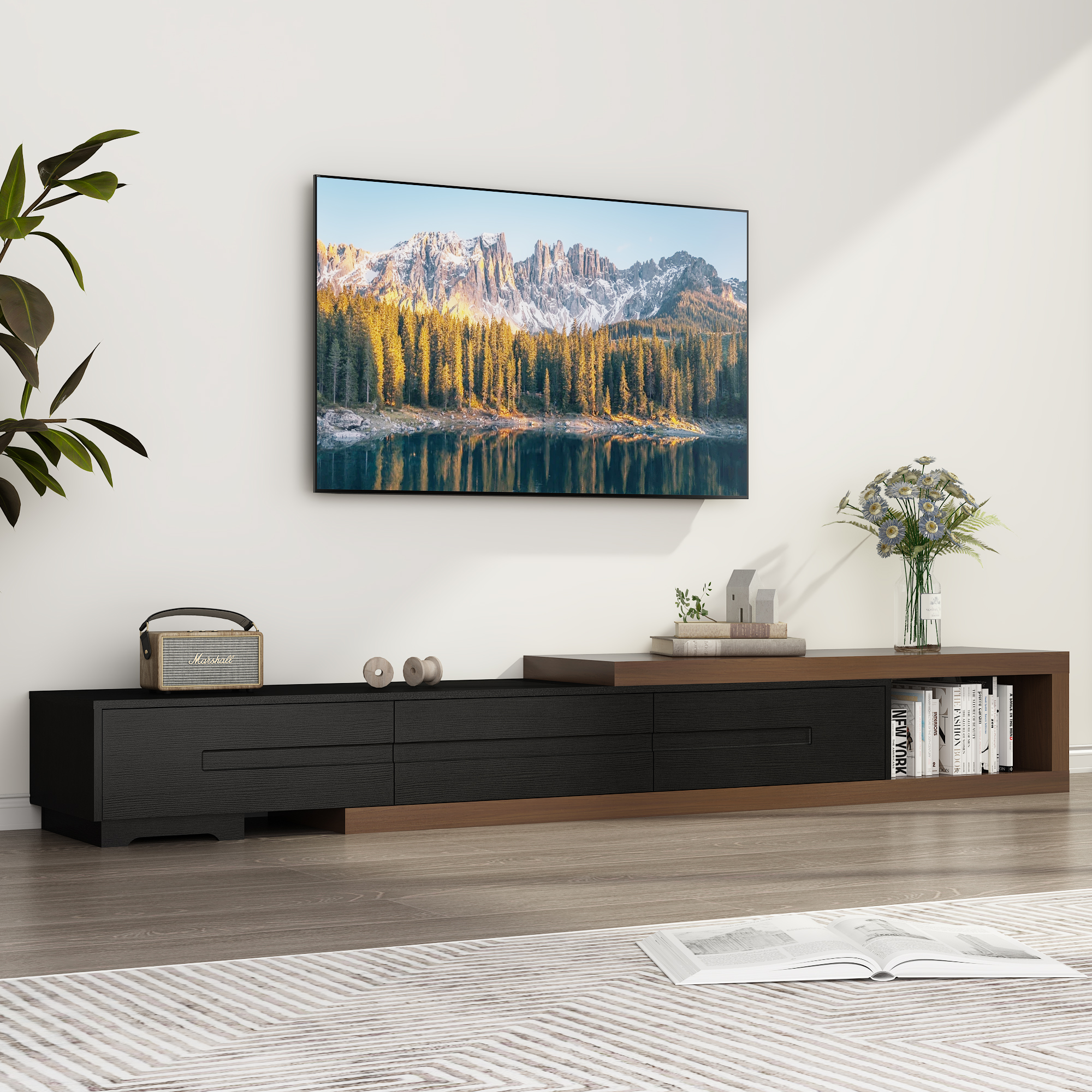 Blotout Extendable TV Stand for TVs up to 120", Wood Reversible Entertainment Center with 3 large Drawers, Extendable TV Media Console for Living Room,Bedroom