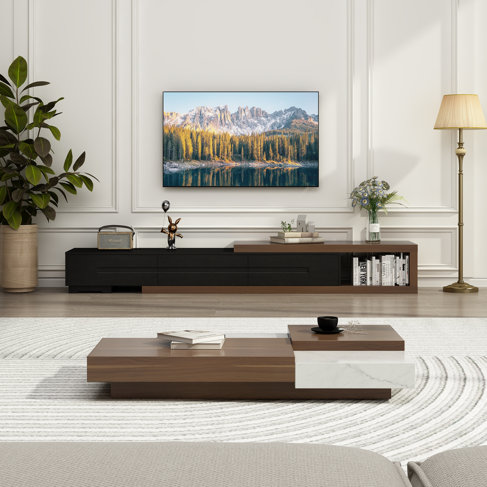 Blotout Extendable TV Stand for TVs up to 120", Wood Reversible Entertainment Center with 3 large Drawers, Extendable TV Media Console for Living Room,Bedroom