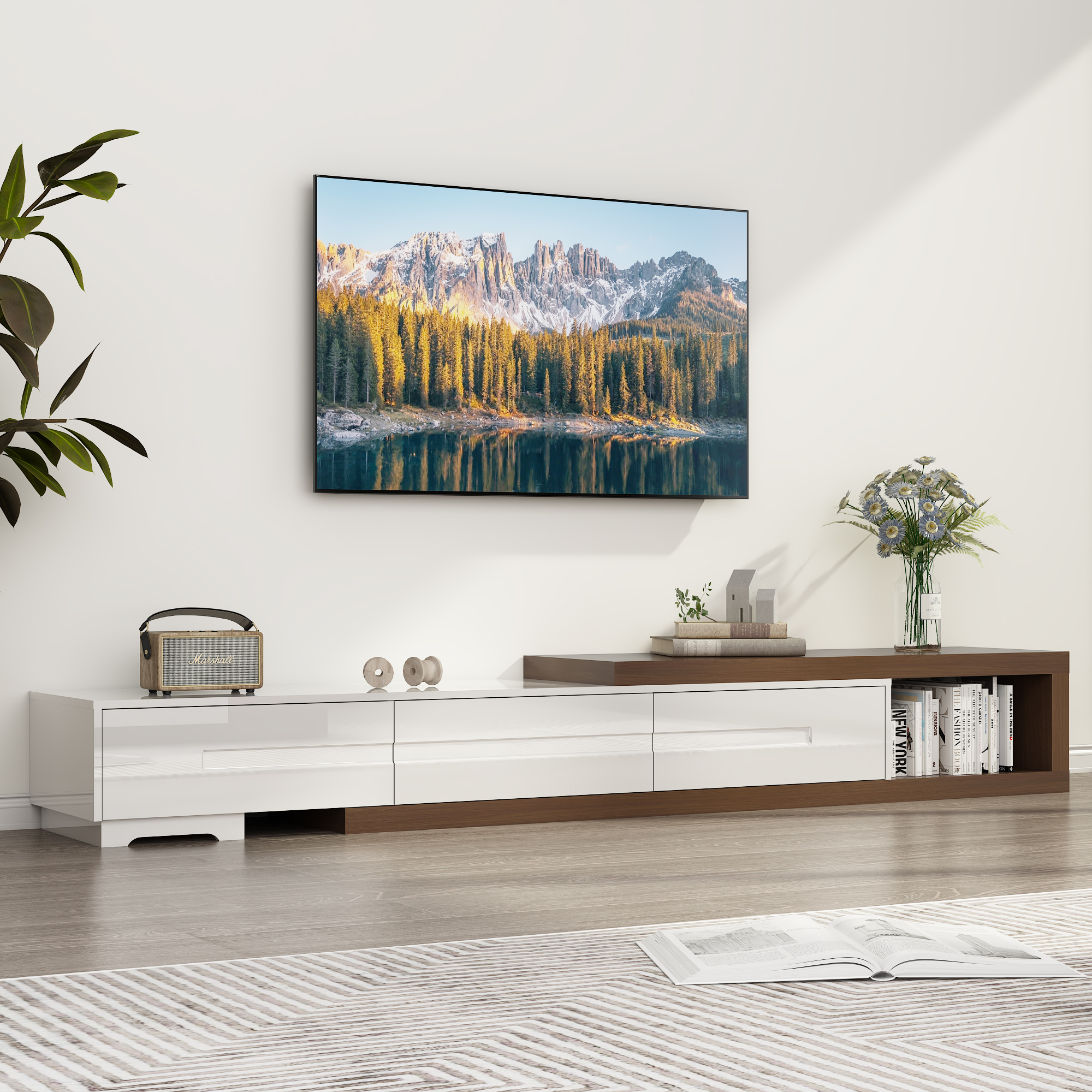 Blotout Extendable TV Stand for TVs up to 120", Wood Reversible Entertainment Center with 3 large Drawers, Extendable TV Media Console for Living Room,Bedroom