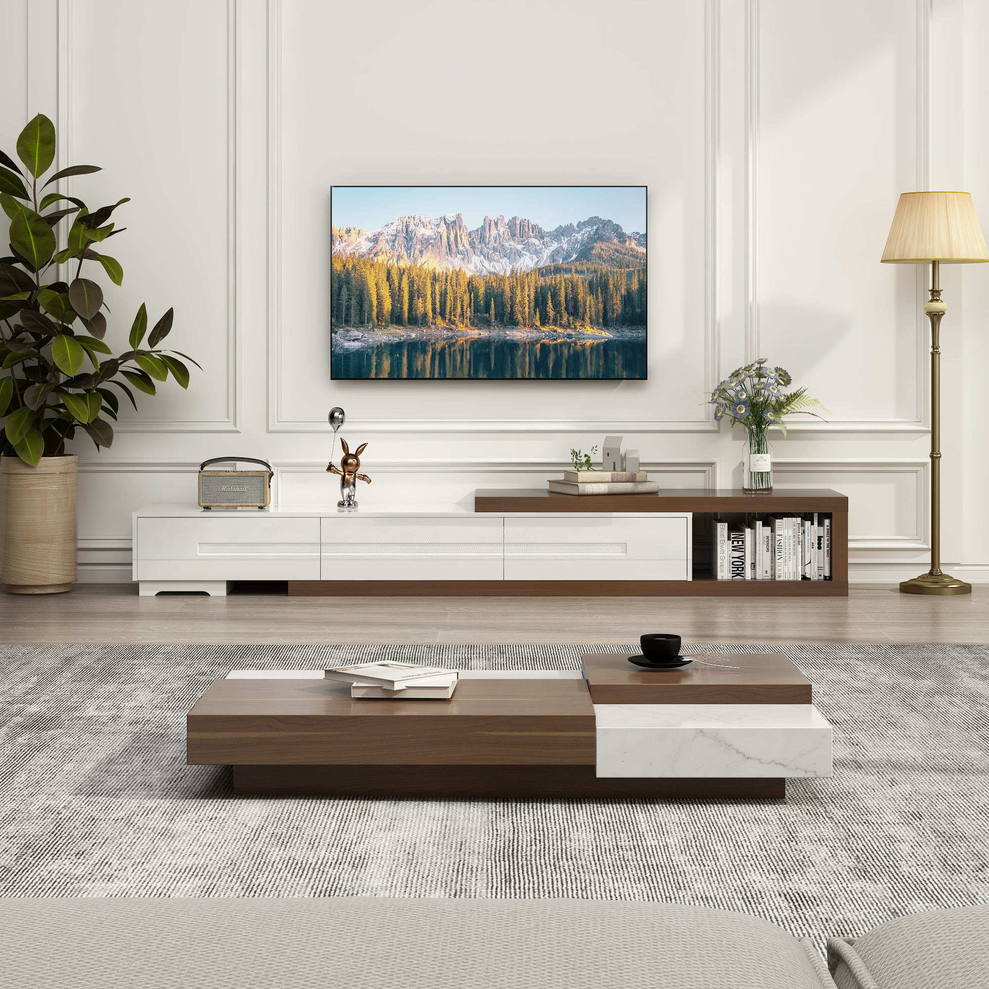 Blotout Extendable TV Stand for TVs up to 120", Wood Reversible Entertainment Center with 3 large Drawers, Extendable TV Media Console for Living Room,Bedroom