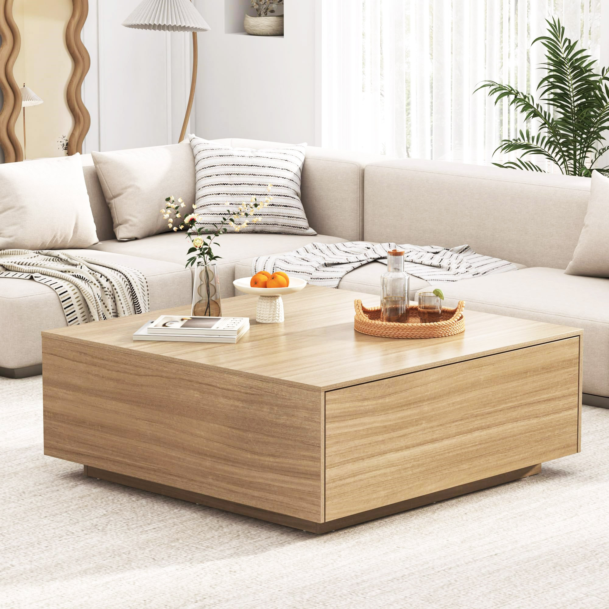 Blotout Square Coffee Table with 2 Large Drawers, 43/47 INCH