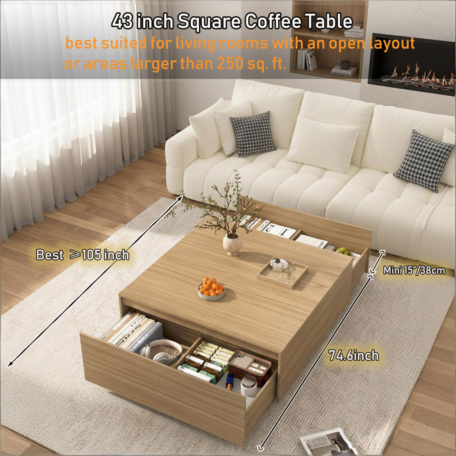 Blotout Square Coffee Table with 2 Large Drawers, 43/47 INCH