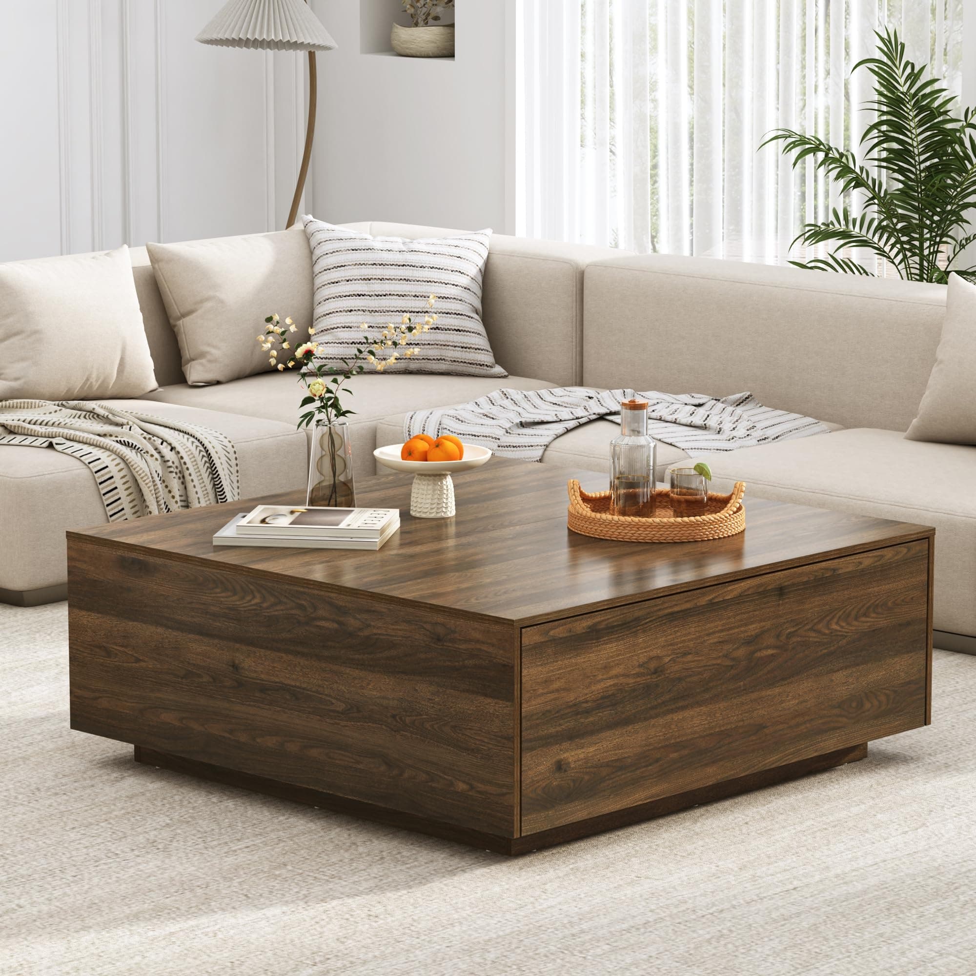 Blotout Square Coffee Table with 2 Large Drawers, 43/47 INCH