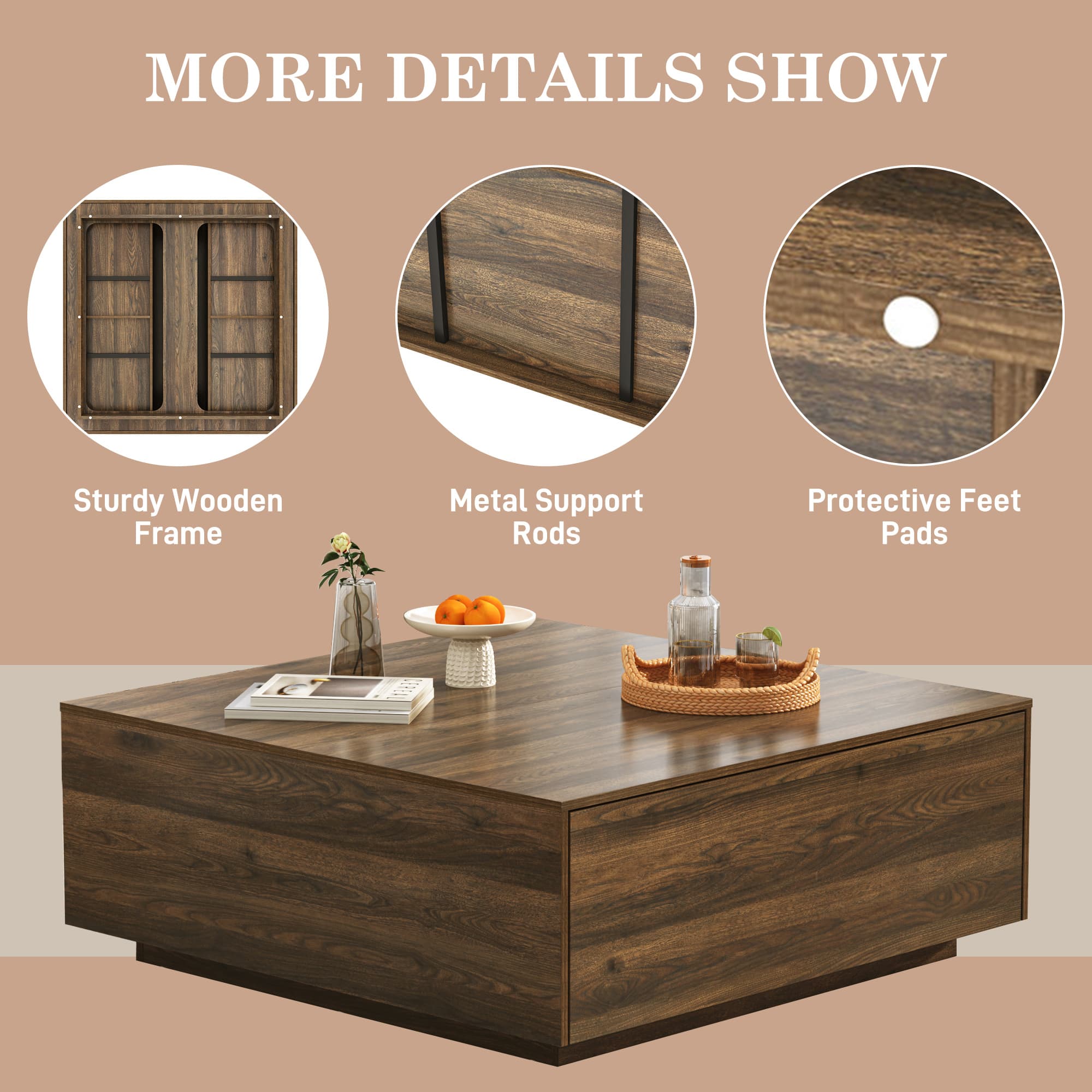 Blotout Square Coffee Table with 2 Large Drawers, 43/47 INCH