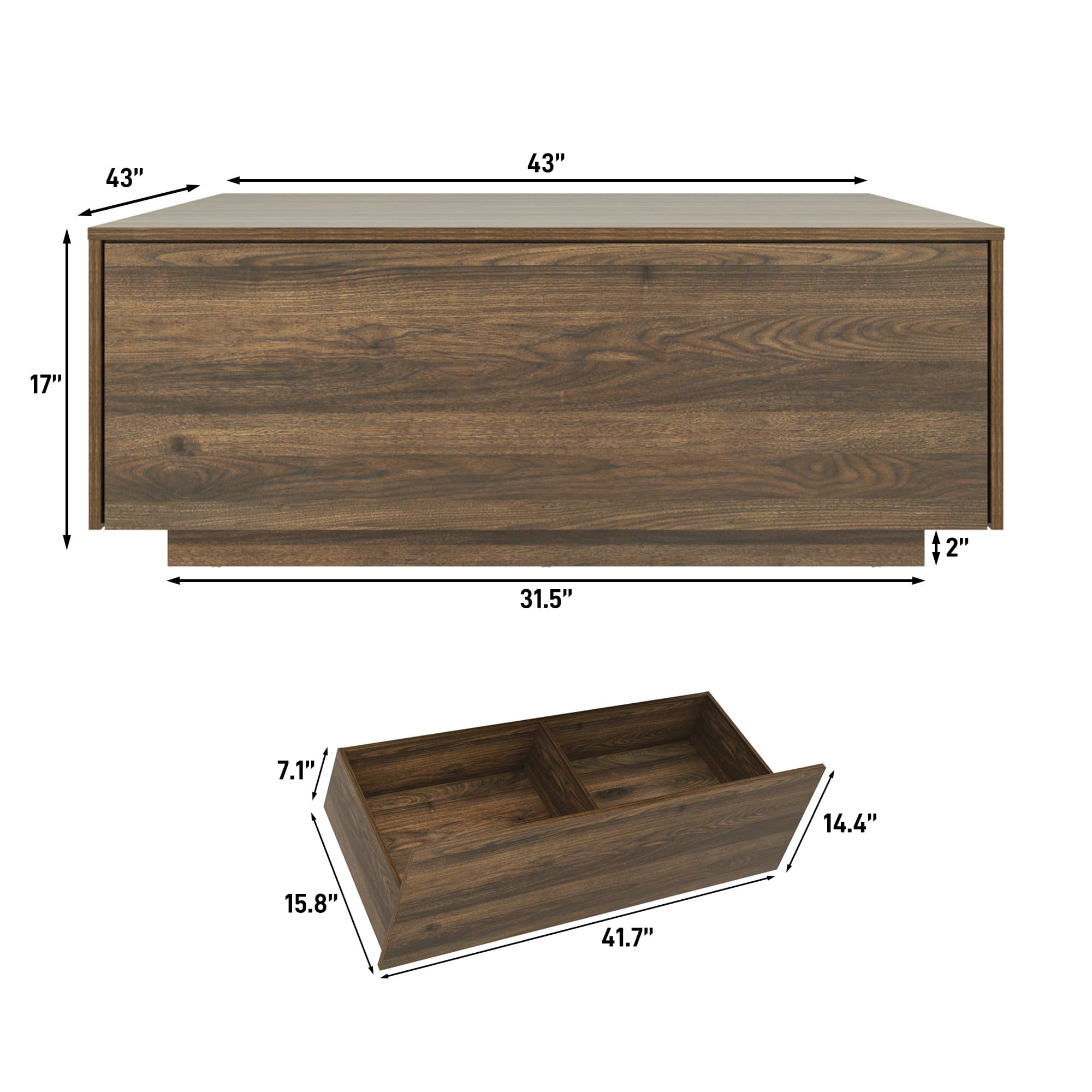 Blotout Square Coffee Table with 2 Large Drawers, 43/47 INCH