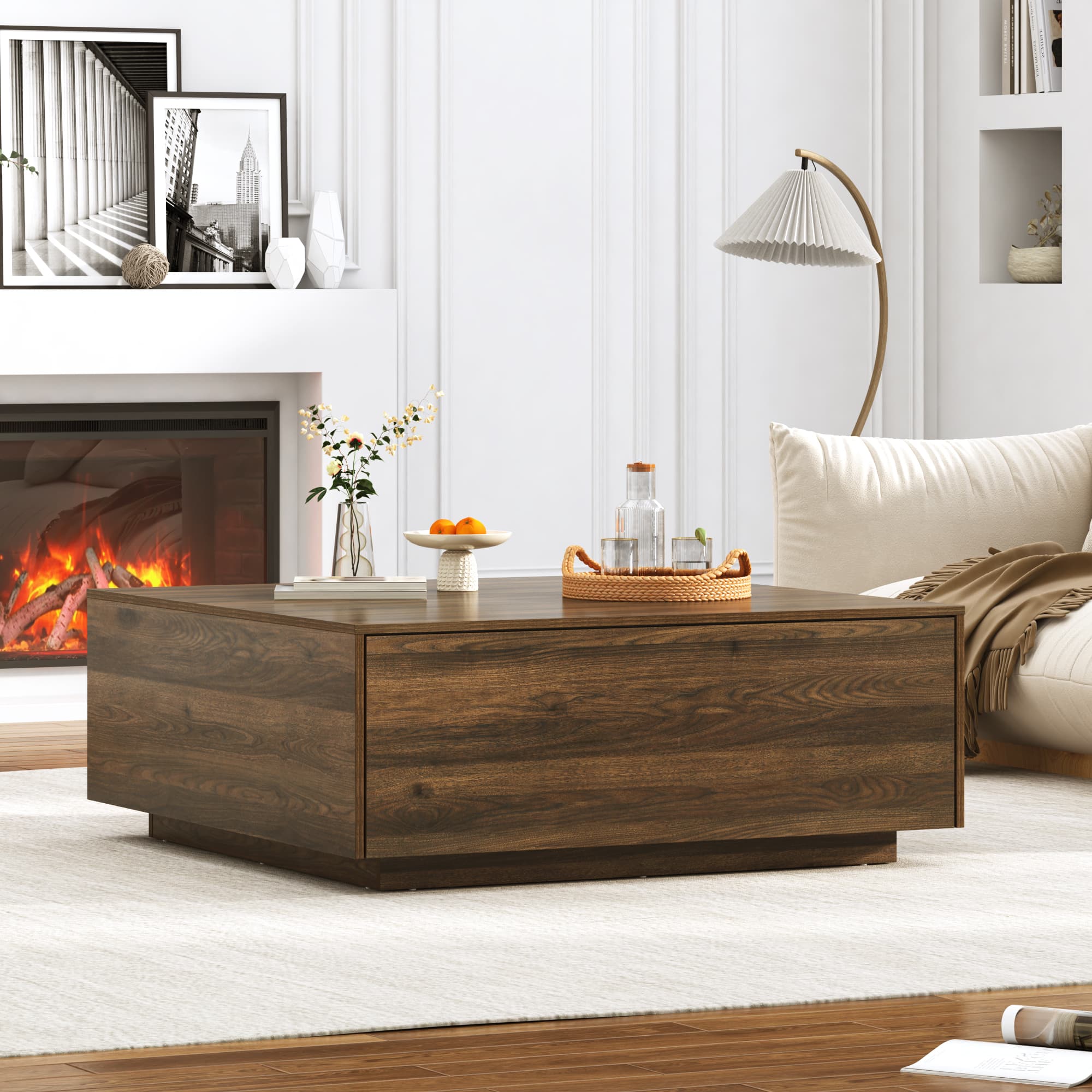 Blotout Square Coffee Table with 2 Large Drawers, 43/47 INCH