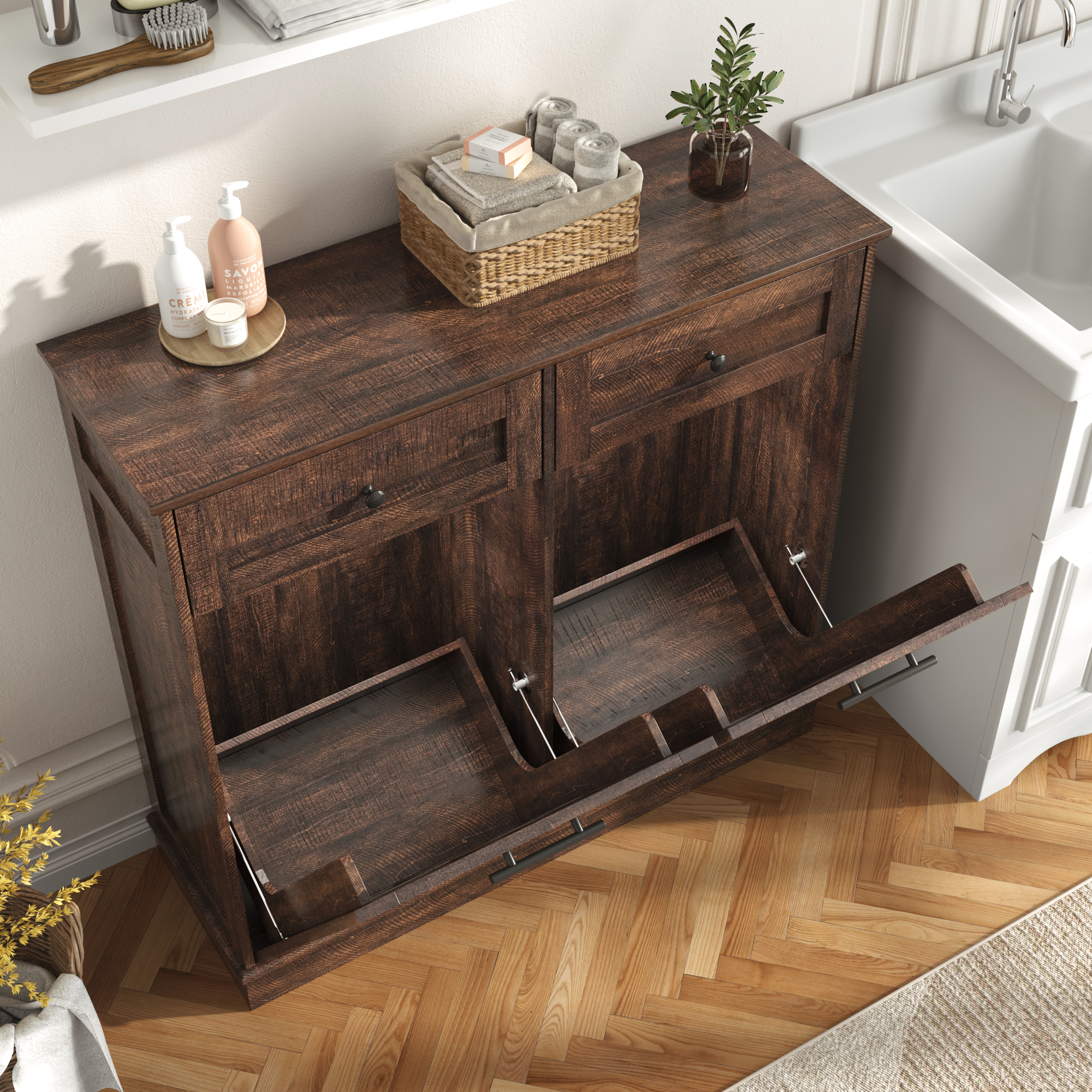 Double Tilt Trash Cabinet, 26 Gallon Trash Can, 2 Hidden Drawers, Kitchen Hidden Trash Can with Flip Cover,Suitable for Kitchen, House, Apartment, Dormitory, Laundry Room