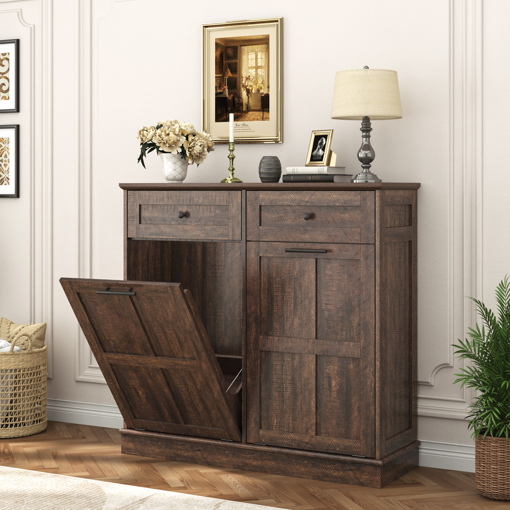 Double Tilt Trash Cabinet, 26 Gallon Trash Can, 2 Hidden Drawers, Kitchen Hidden Trash Can with Flip Cover,Suitable for Kitchen, House, Apartment, Dormitory, Laundry Room