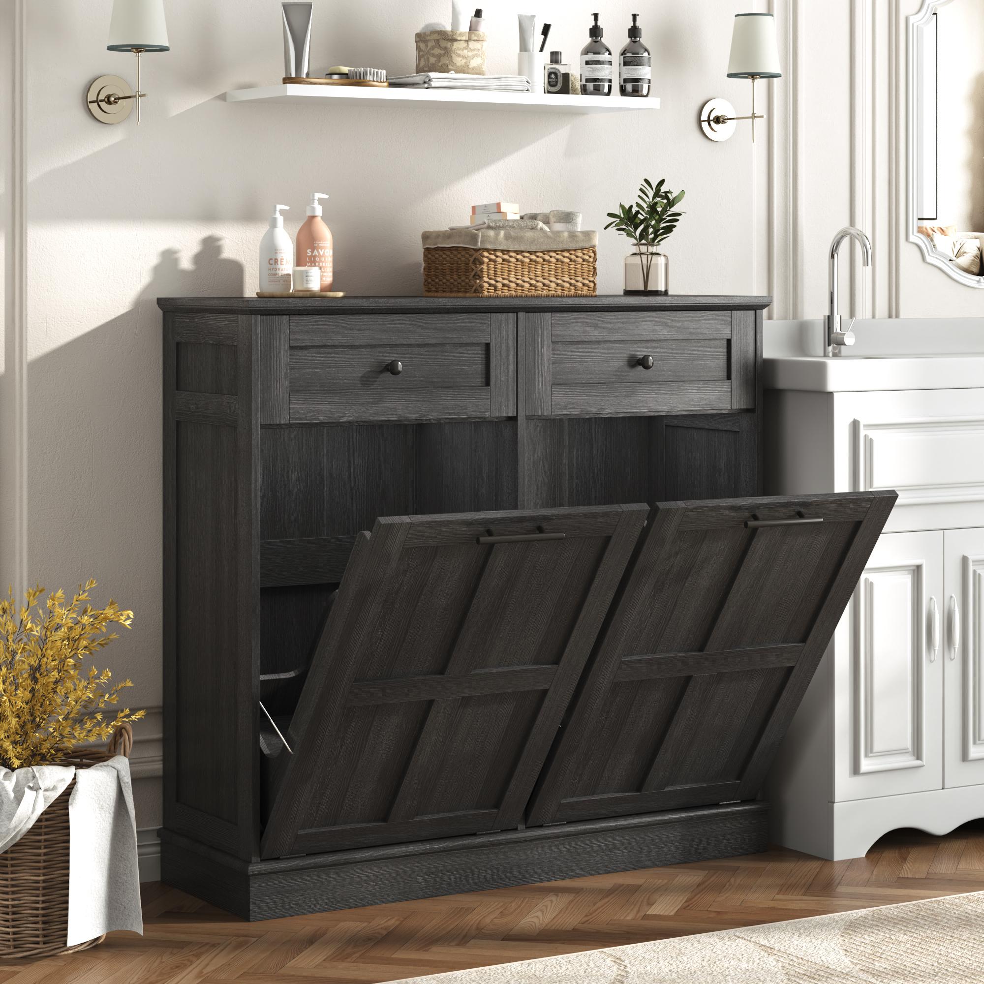 10 Gallon Tilt Out Trash Cabinet, Hidden Wooden Trash Can with Drawer, Pet Proof Freestanding Kitchen Recycling Cabinet for Kitchen, Kitchen, Living Room