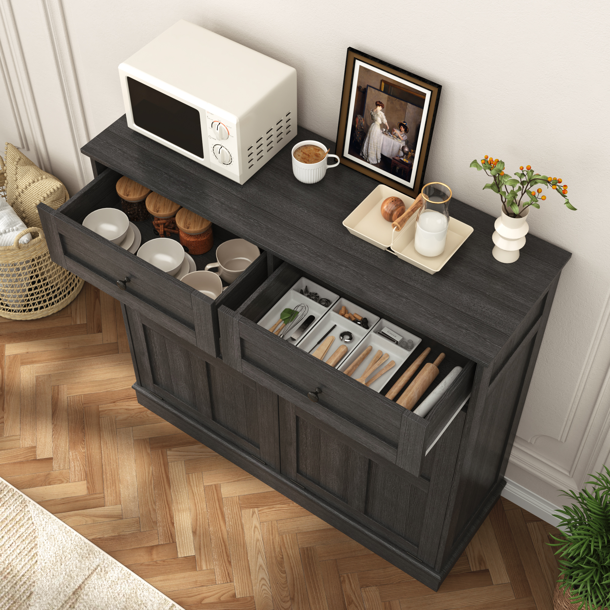 10 Gallon Tilt Out Trash Cabinet, Hidden Wooden Trash Can with Drawer, Pet Proof Freestanding Kitchen Recycling Cabinet for Kitchen, Kitchen, Living Room