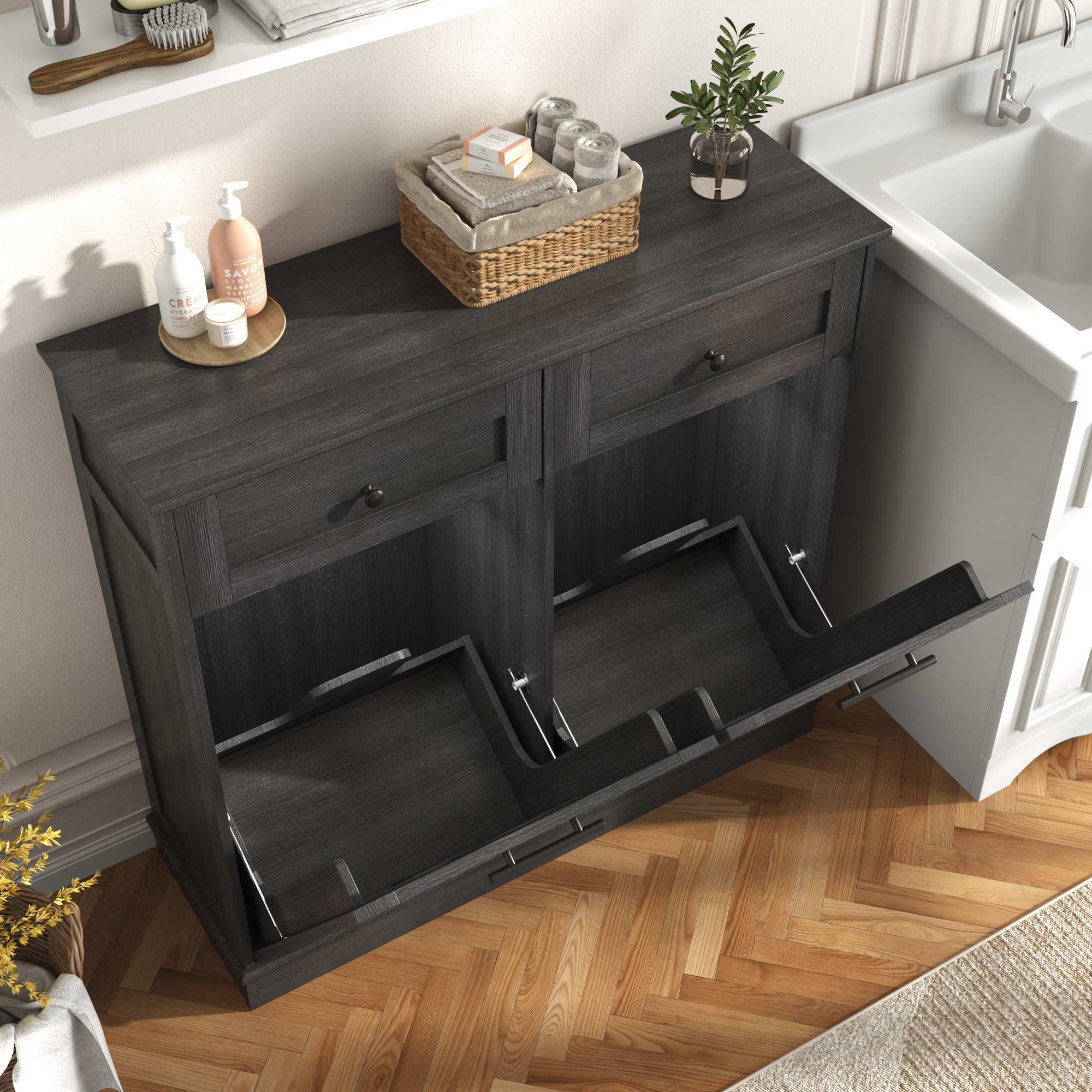 10 Gallon Tilt Out Trash Cabinet, Hidden Wooden Trash Can with Drawer, Pet Proof Freestanding Kitchen Recycling Cabinet for Kitchen, Kitchen, Living Room