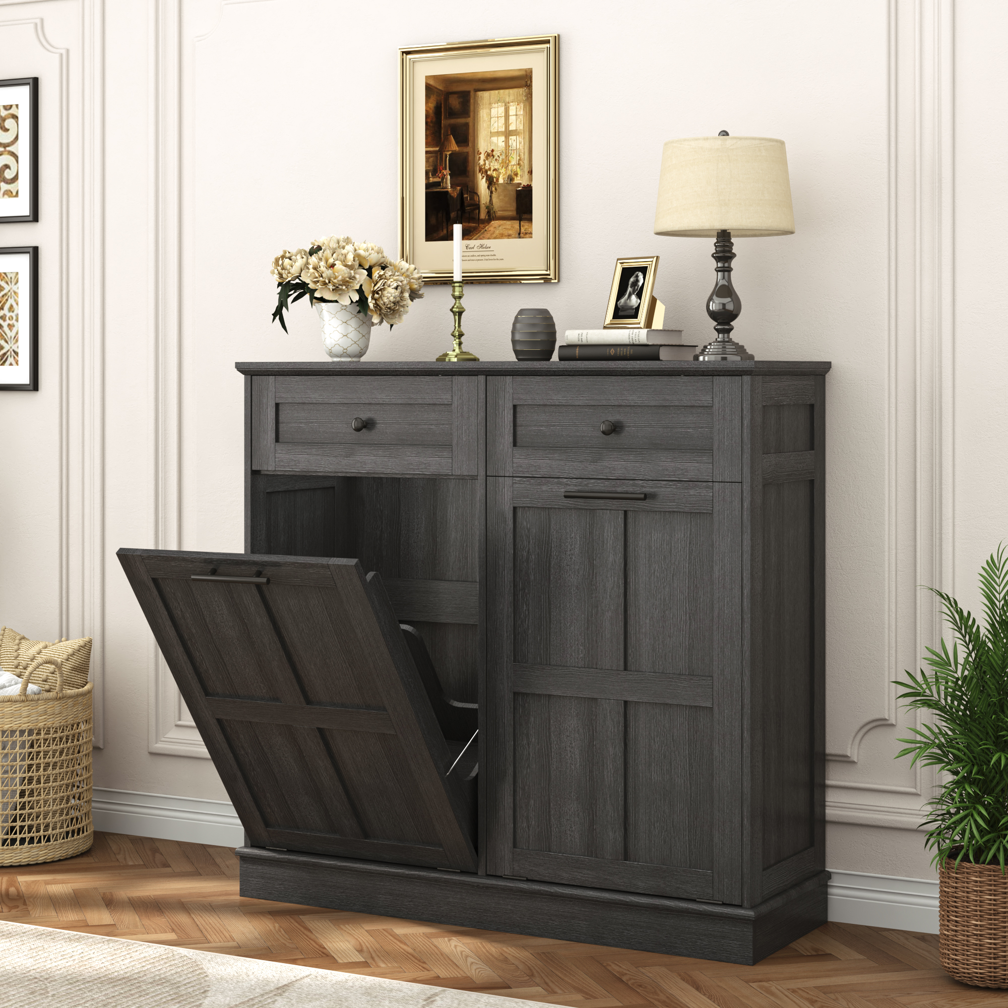 10 Gallon Tilt Out Trash Cabinet, Hidden Wooden Trash Can with Drawer, Pet Proof Freestanding Kitchen Recycling Cabinet for Kitchen, Kitchen, Living Room