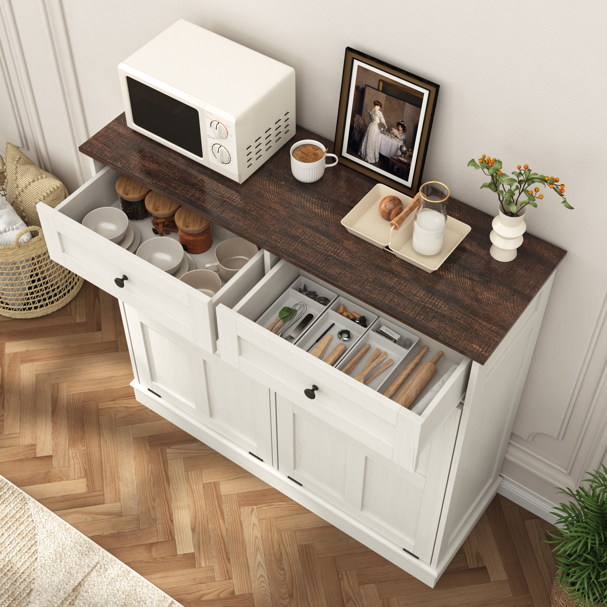 Double Tilt Trash Cabinet, 26 Gallon Trash Can, 2 Hidden Drawers, Kitchen Hidden Trash Can with Flip Cover,Suitable for Kitchen, House, Apartment, Dormitory, Laundry Room