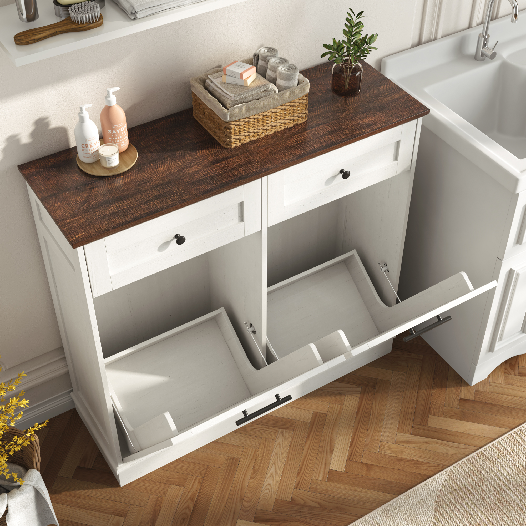 Double Tilt Trash Cabinet, 26 Gallon Trash Can, 2 Hidden Drawers, Kitchen Hidden Trash Can with Flip Cover,Suitable for Kitchen, House, Apartment, Dormitory, Laundry Room