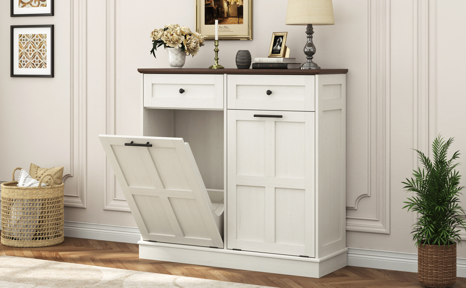 Double Tilt Trash Cabinet, 26 Gallon Trash Can, 2 Hidden Drawers, Kitchen Hidden Trash Can with Flip Cover,Suitable for Kitchen, House, Apartment, Dormitory, Laundry Room