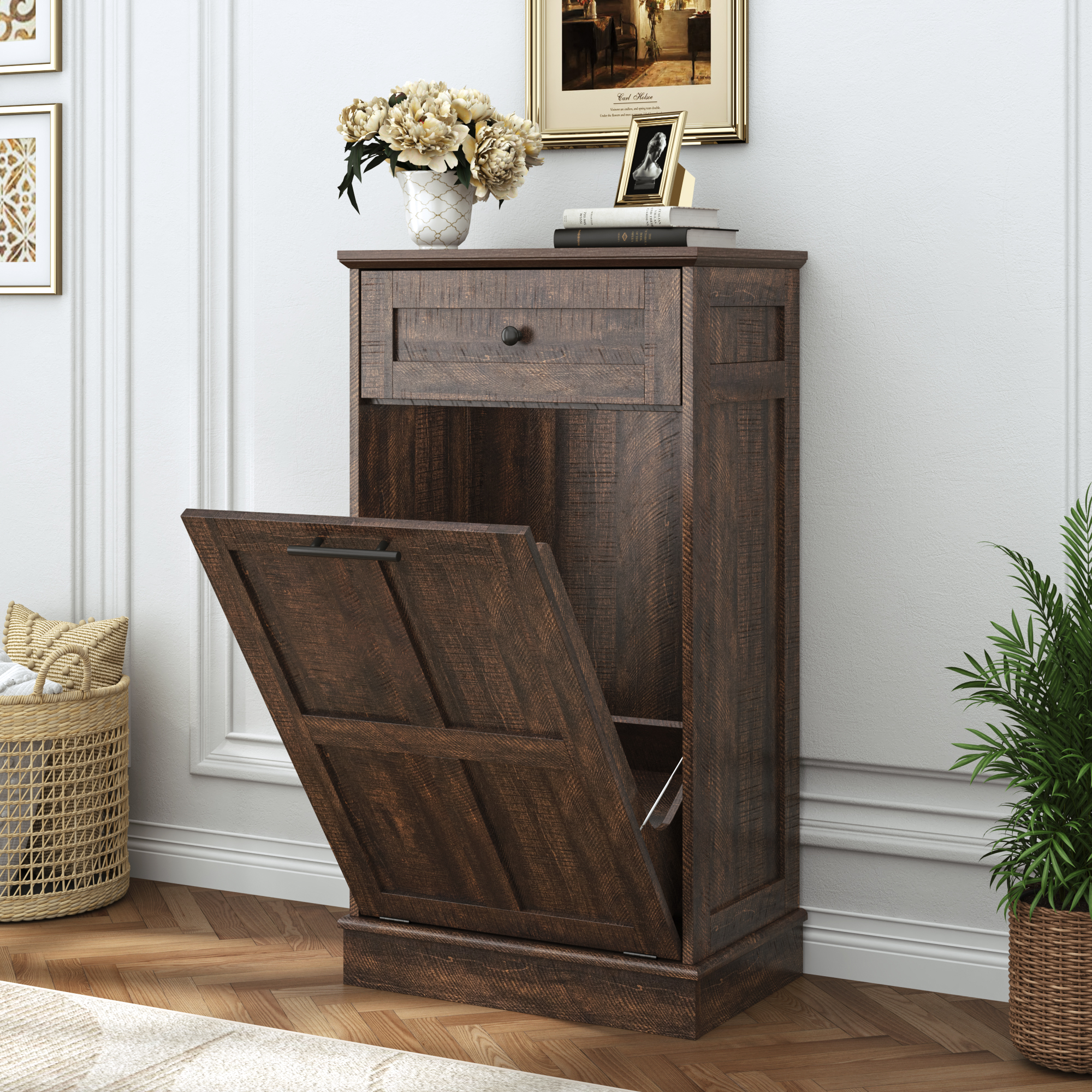 Double Tilt Trash Cabinet, 26 Gallon Trash Can, 2 Hidden Drawers, Kitchen Hidden Trash Can with Flip Cover,Suitable for Kitchen, House, Apartment, Dormitory, Laundry Room