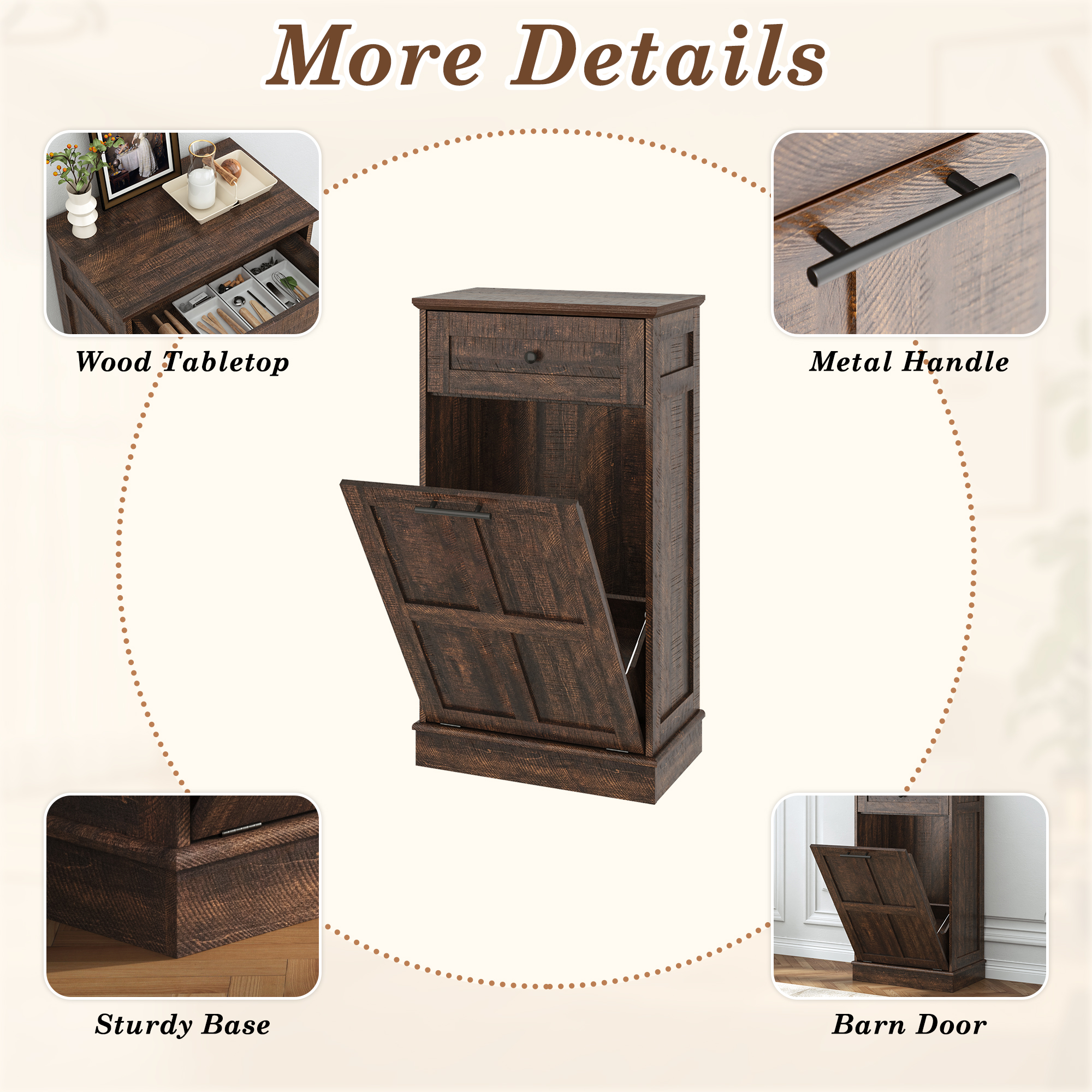 Double Tilt Trash Cabinet, 26 Gallon Trash Can, 2 Hidden Drawers, Kitchen Hidden Trash Can with Flip Cover,Suitable for Kitchen, House, Apartment, Dormitory, Laundry Room