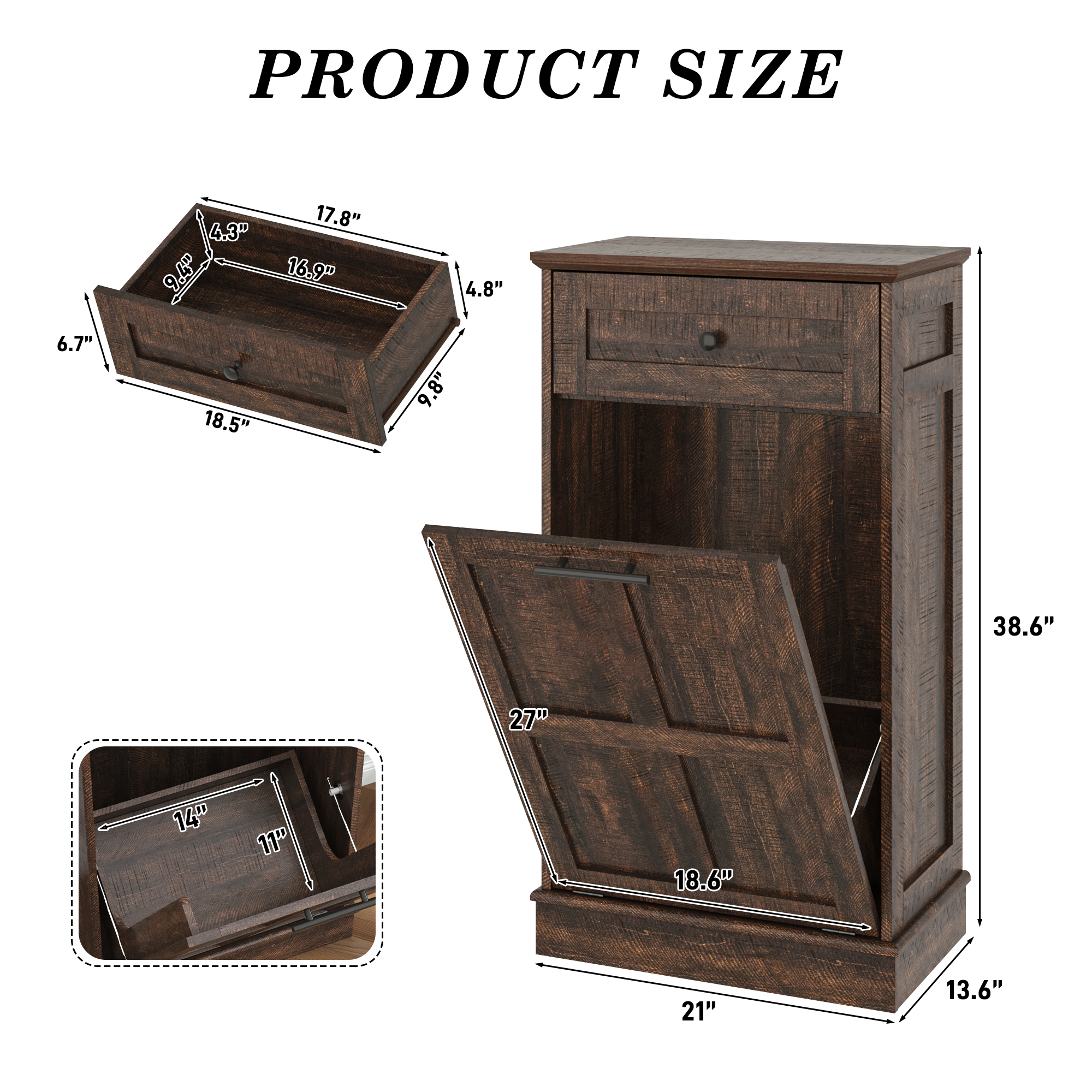 Double Tilt Trash Cabinet, 26 Gallon Trash Can, 2 Hidden Drawers, Kitchen Hidden Trash Can with Flip Cover,Suitable for Kitchen, House, Apartment, Dormitory, Laundry Room