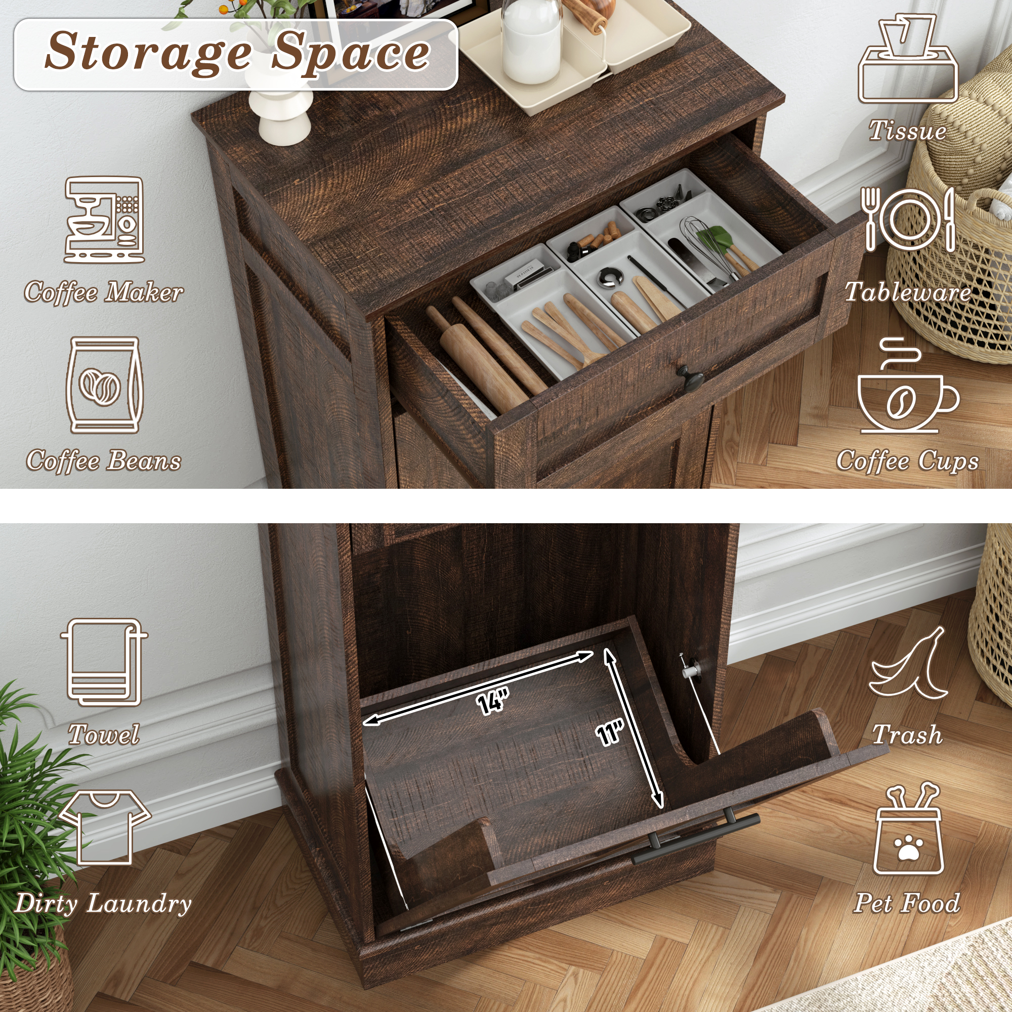 Double Tilt Trash Cabinet, 26 Gallon Trash Can, 2 Hidden Drawers, Kitchen Hidden Trash Can with Flip Cover,Suitable for Kitchen, House, Apartment, Dormitory, Laundry Room