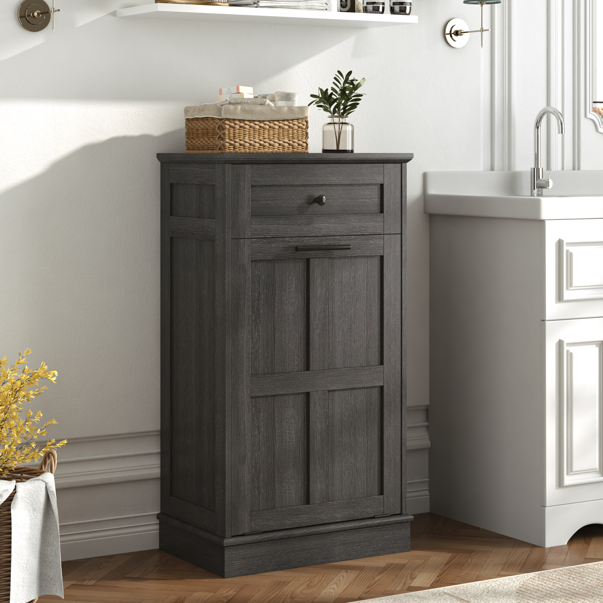 10 Gallon Tilt Out Trash Cabinet, Hidden Wooden Trash Can with Drawer, Pet Proof Freestanding Kitchen Recycling Cabinet for Kitchen, Kitchen, Living Room