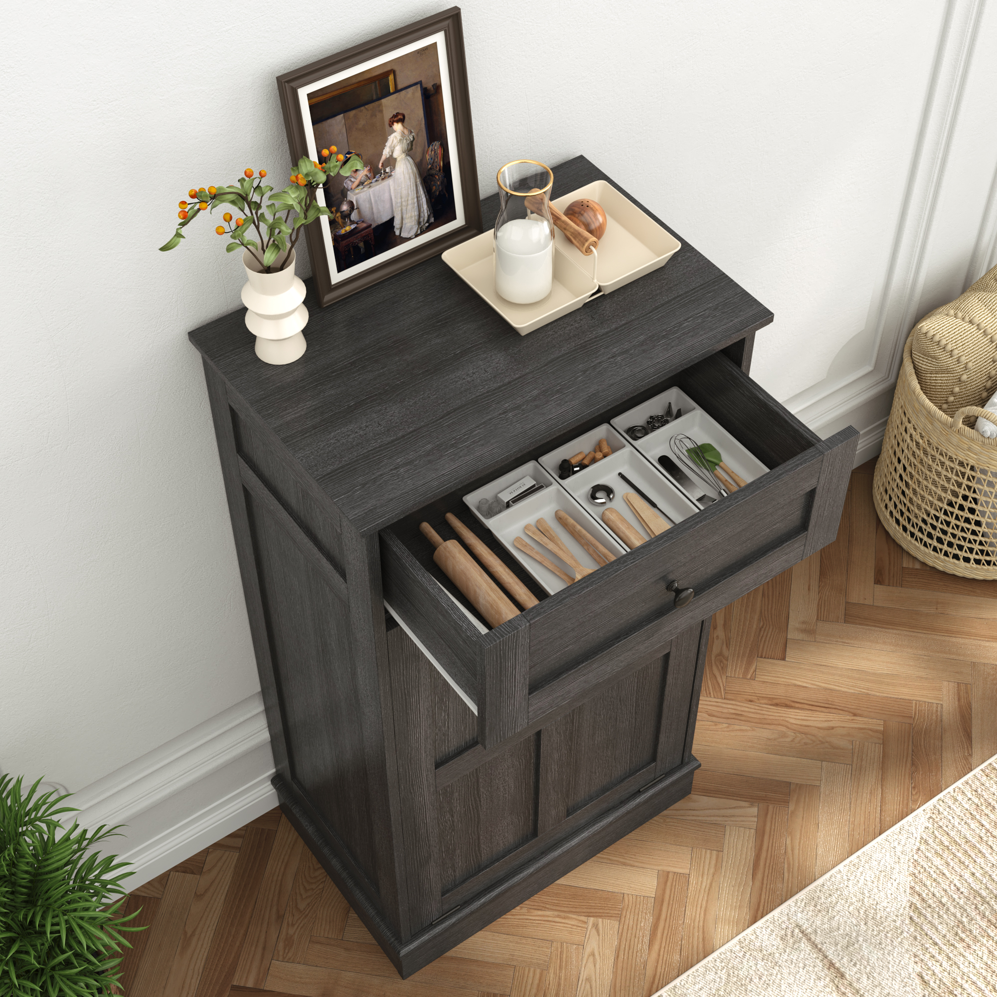 10 Gallon Tilt Out Trash Cabinet, Hidden Wooden Trash Can with Drawer, Pet Proof Freestanding Kitchen Recycling Cabinet for Kitchen, Kitchen, Living Room