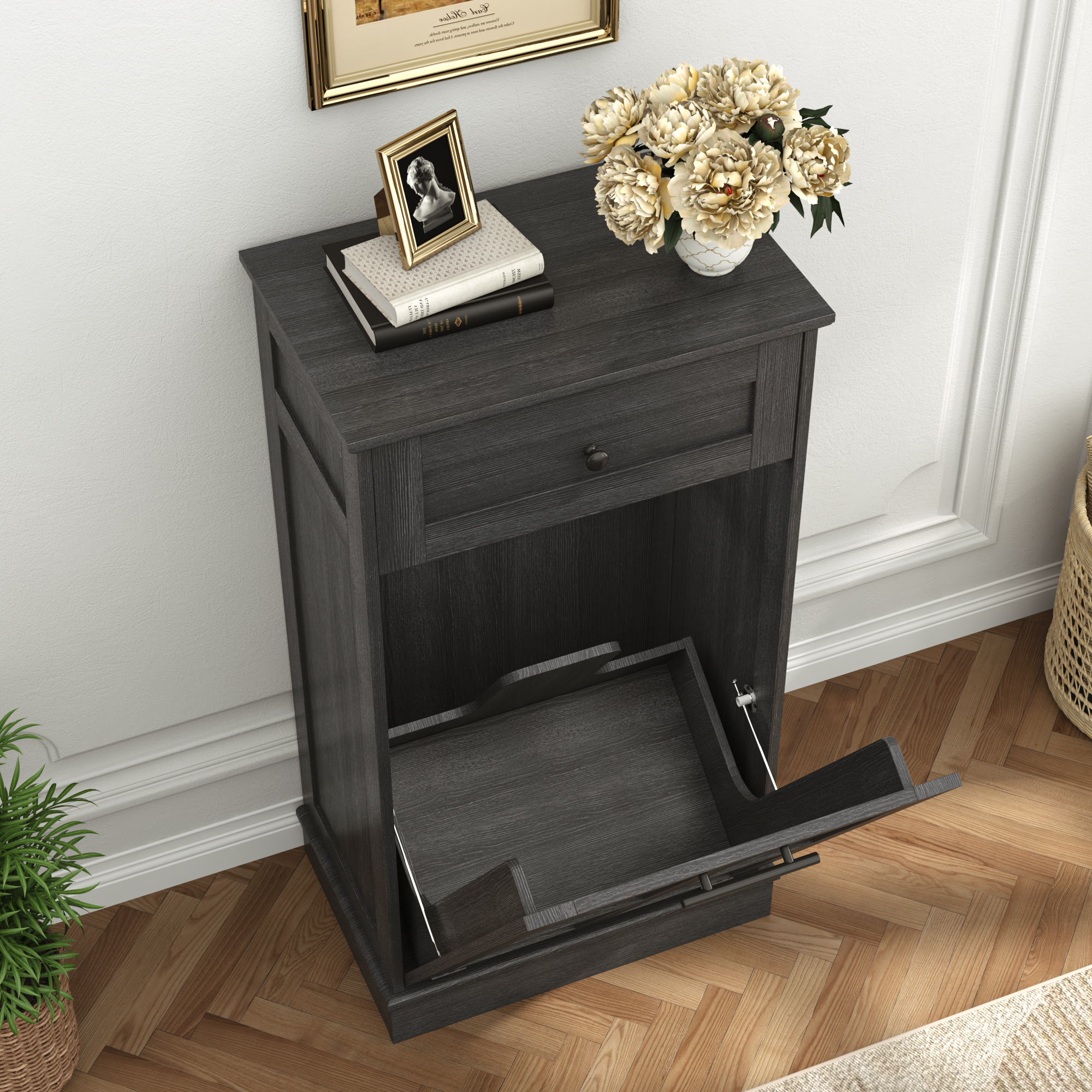 10 Gallon Tilt Out Trash Cabinet, Hidden Wooden Trash Can with Drawer, Pet Proof Freestanding Kitchen Recycling Cabinet for Kitchen, Kitchen, Living Room