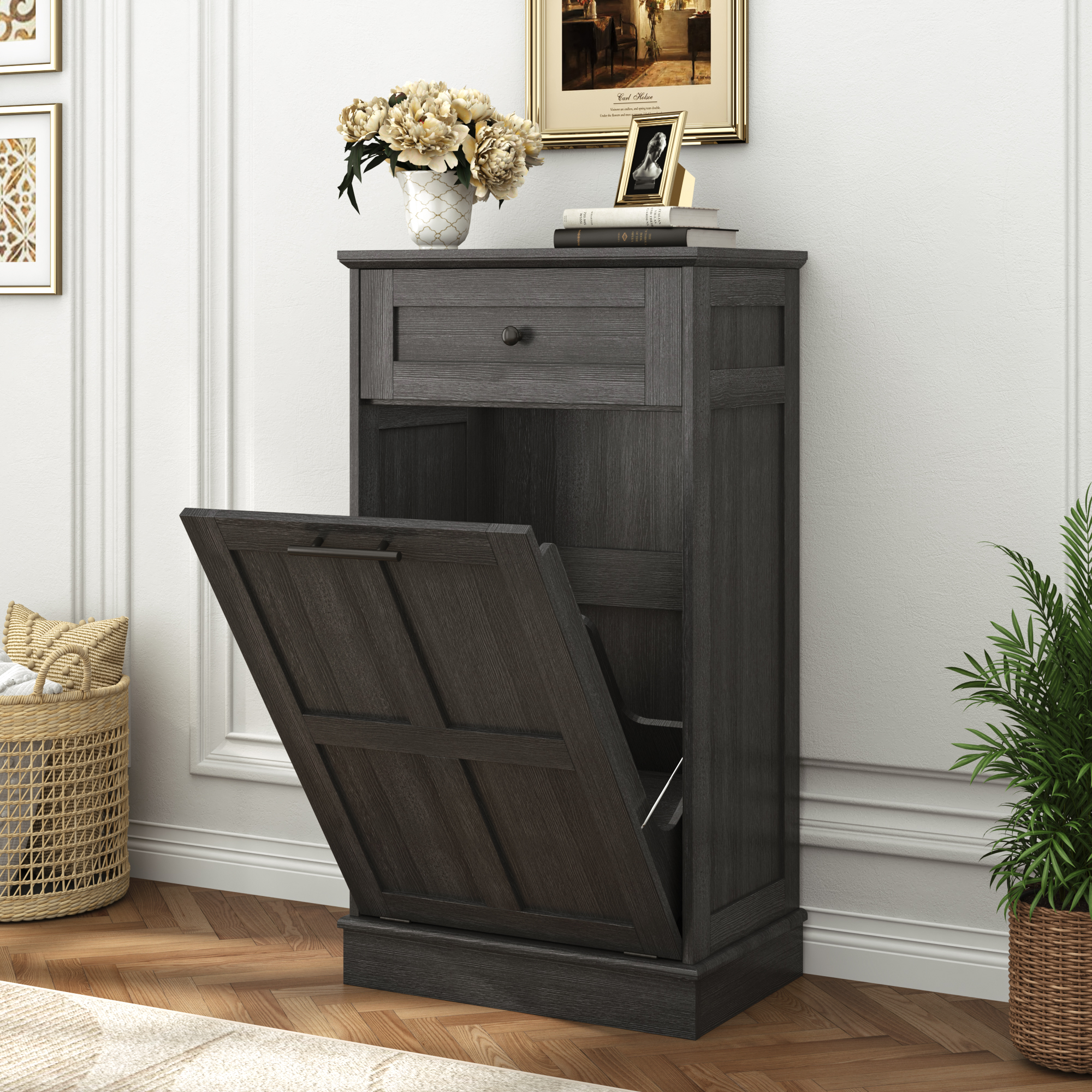 10 Gallon Tilt Out Trash Cabinet, Hidden Wooden Trash Can with Drawer, Pet Proof Freestanding Kitchen Recycling Cabinet for Kitchen, Kitchen, Living Room