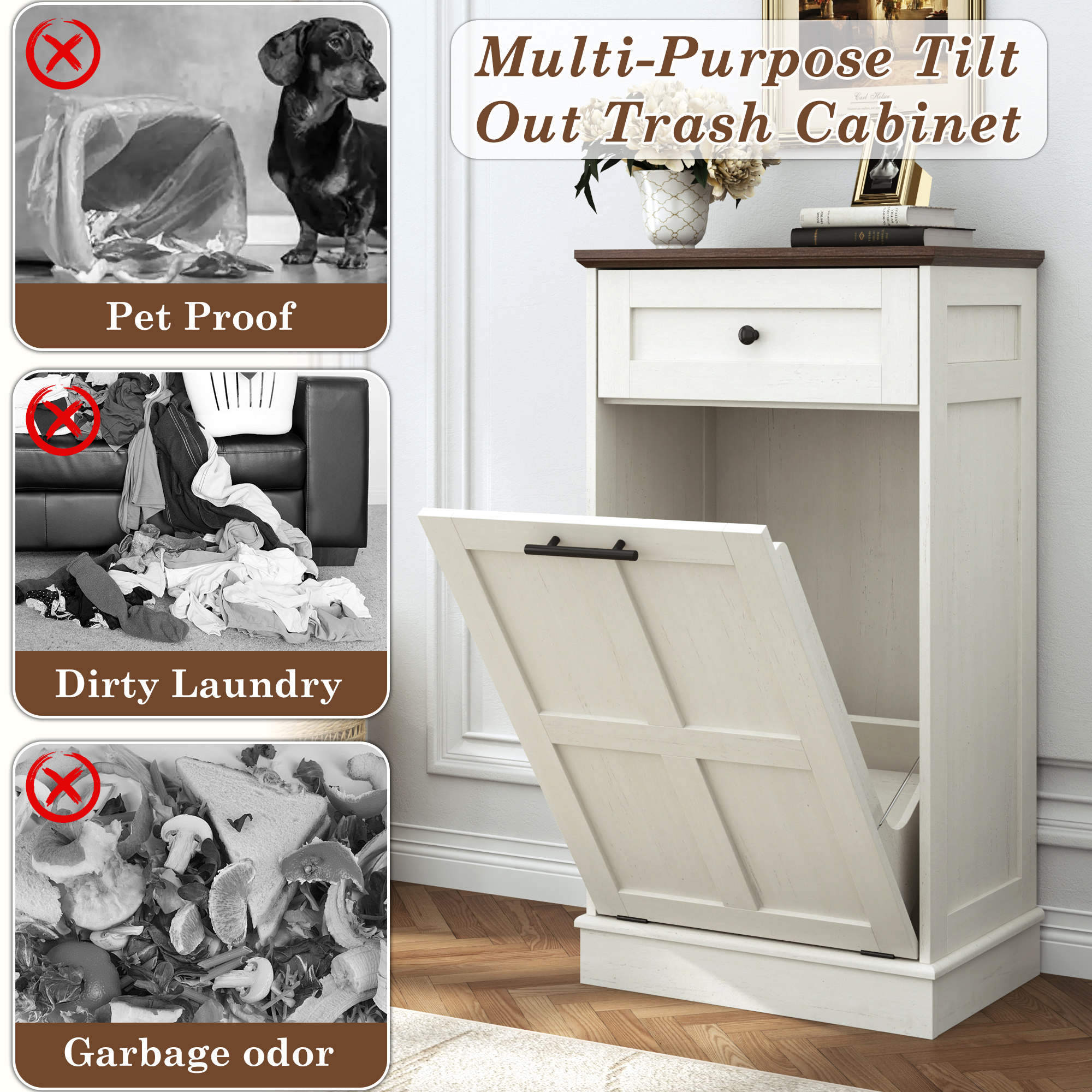 Double Tilt Trash Cabinet, 26 Gallon Trash Can, 2 Hidden Drawers, Kitchen Hidden Trash Can with Flip Cover,Suitable for Kitchen, House, Apartment, Dormitory, Laundry Room