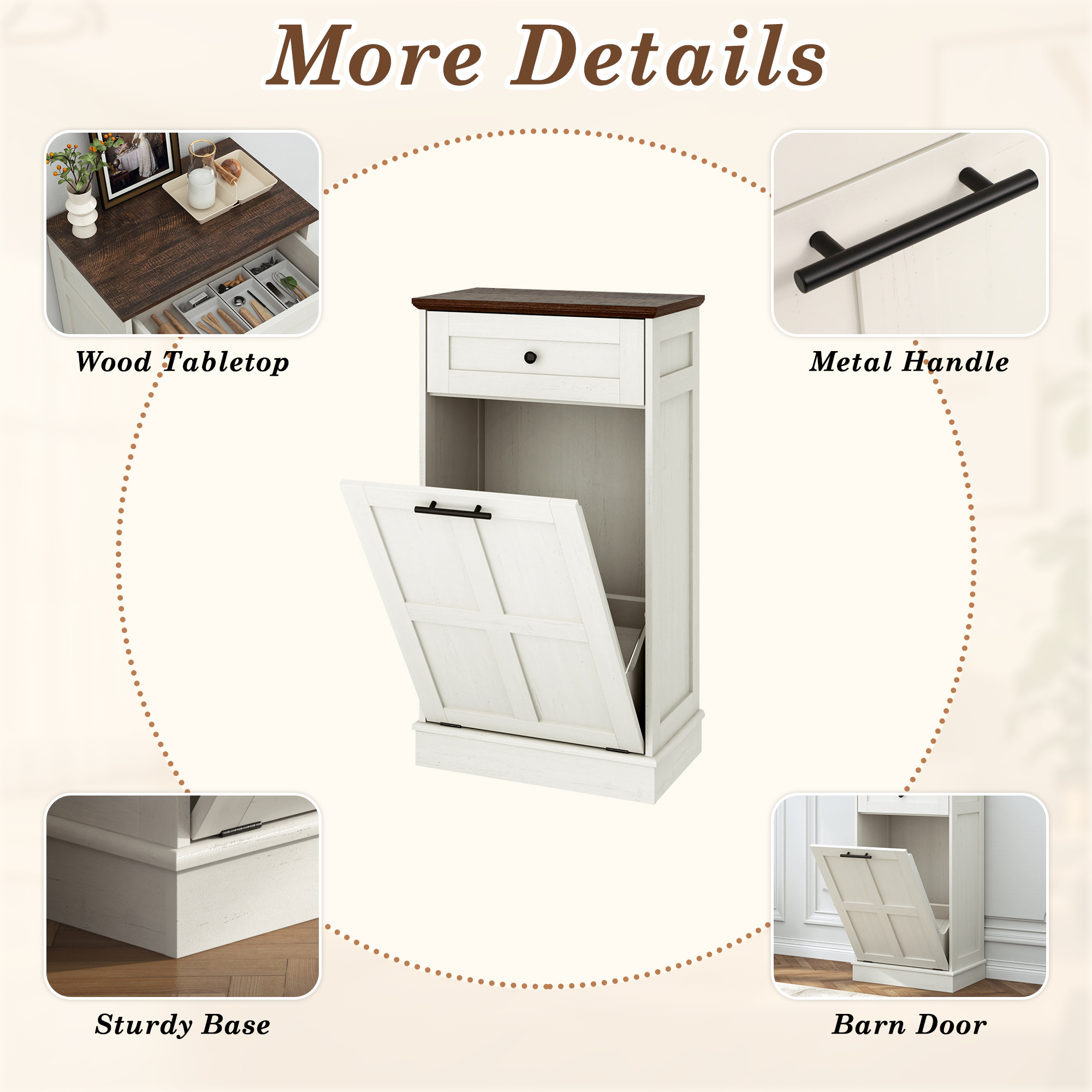 Double Tilt Trash Cabinet, 26 Gallon Trash Can, 2 Hidden Drawers, Kitchen Hidden Trash Can with Flip Cover,Suitable for Kitchen, House, Apartment, Dormitory, Laundry Room