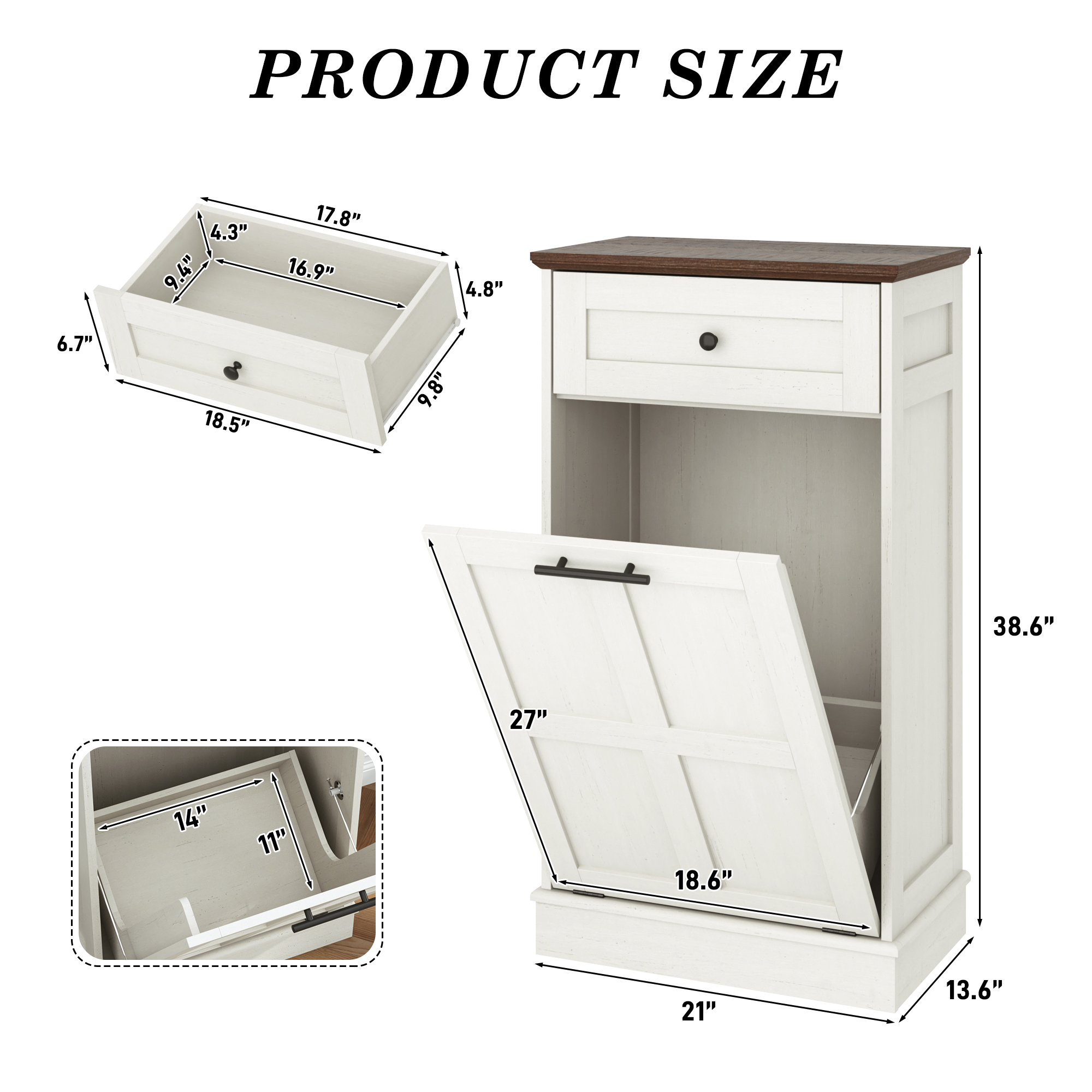 Double Tilt Trash Cabinet, 26 Gallon Trash Can, 2 Hidden Drawers, Kitchen Hidden Trash Can with Flip Cover,Suitable for Kitchen, House, Apartment, Dormitory, Laundry Room