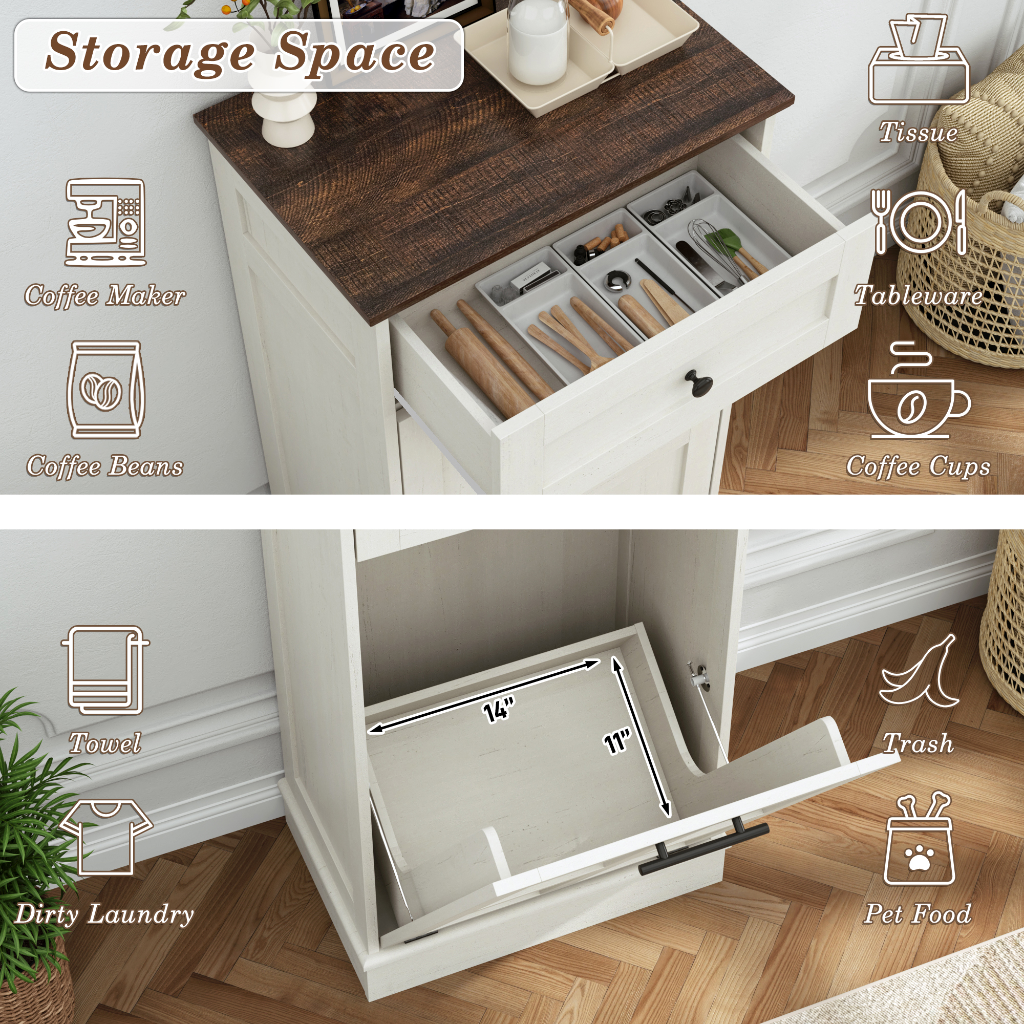 Double Tilt Trash Cabinet, 26 Gallon Trash Can, 2 Hidden Drawers, Kitchen Hidden Trash Can with Flip Cover,Suitable for Kitchen, House, Apartment, Dormitory, Laundry Room