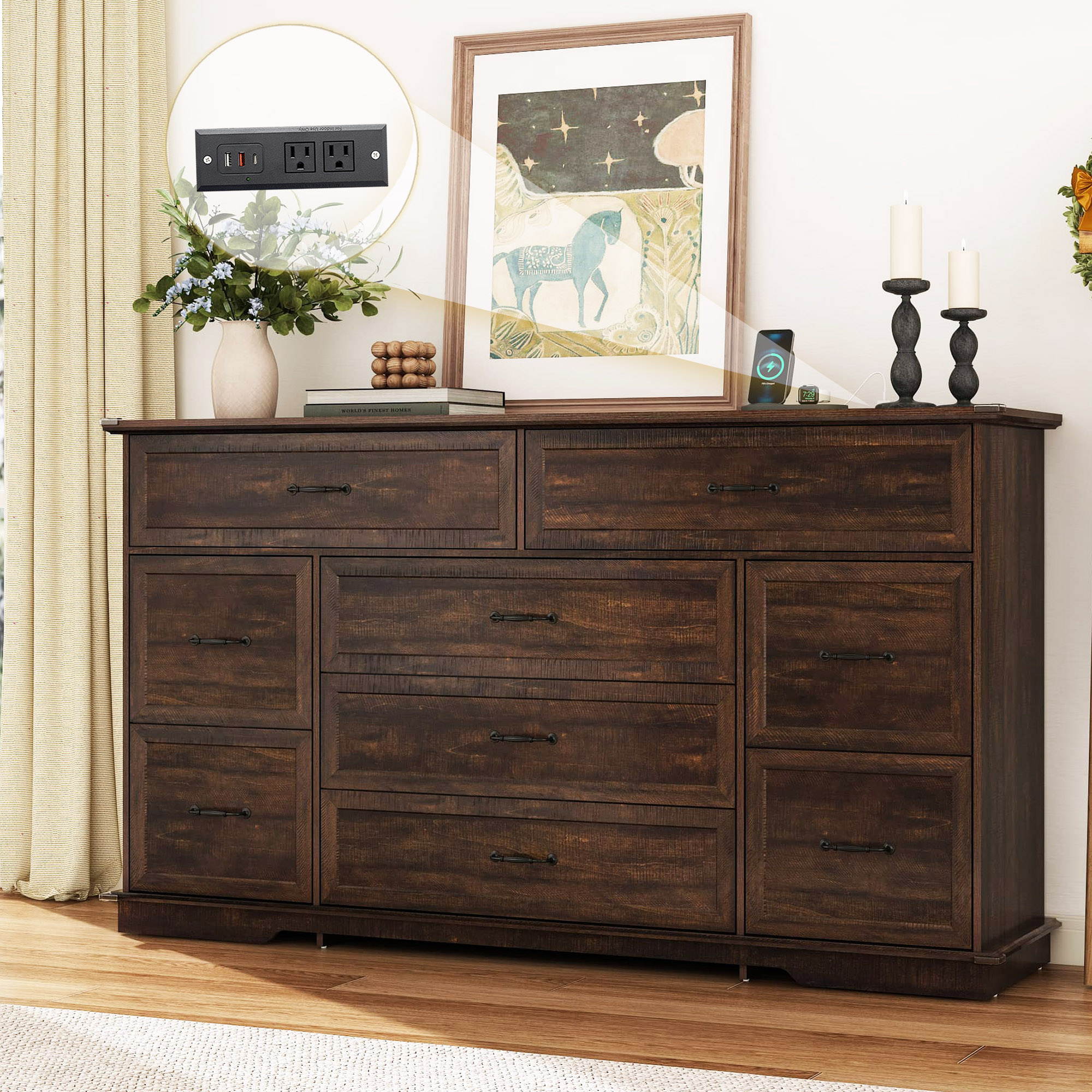 Farmhouse 9 Drawers Dresser for Bedroom, 63'' Wide Wood Chest of Drawers with Power Outlets