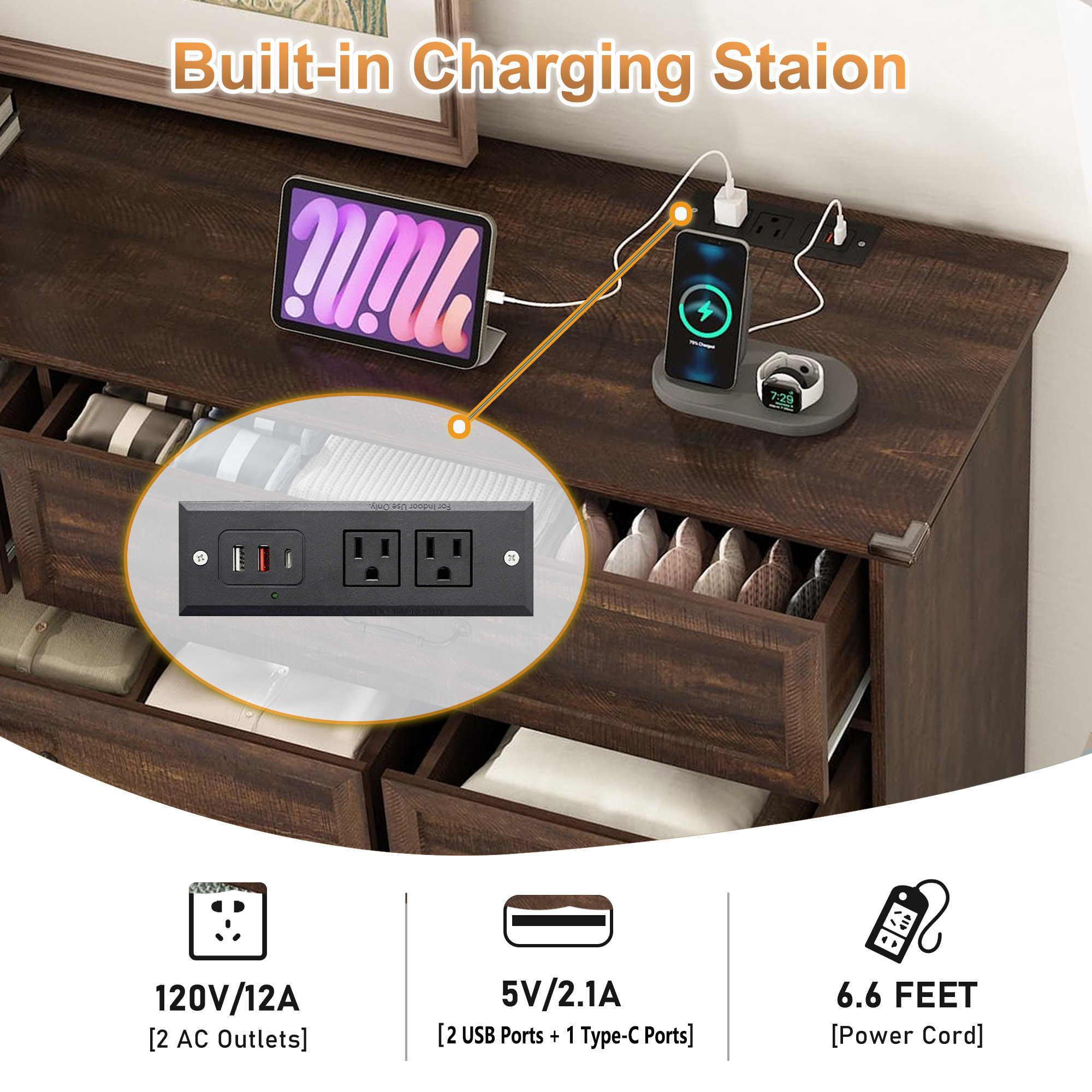 Farmhouse 9 Drawers Dresser for Bedroom, 63'' Wide Wood Chest of Drawers with Power Outlets