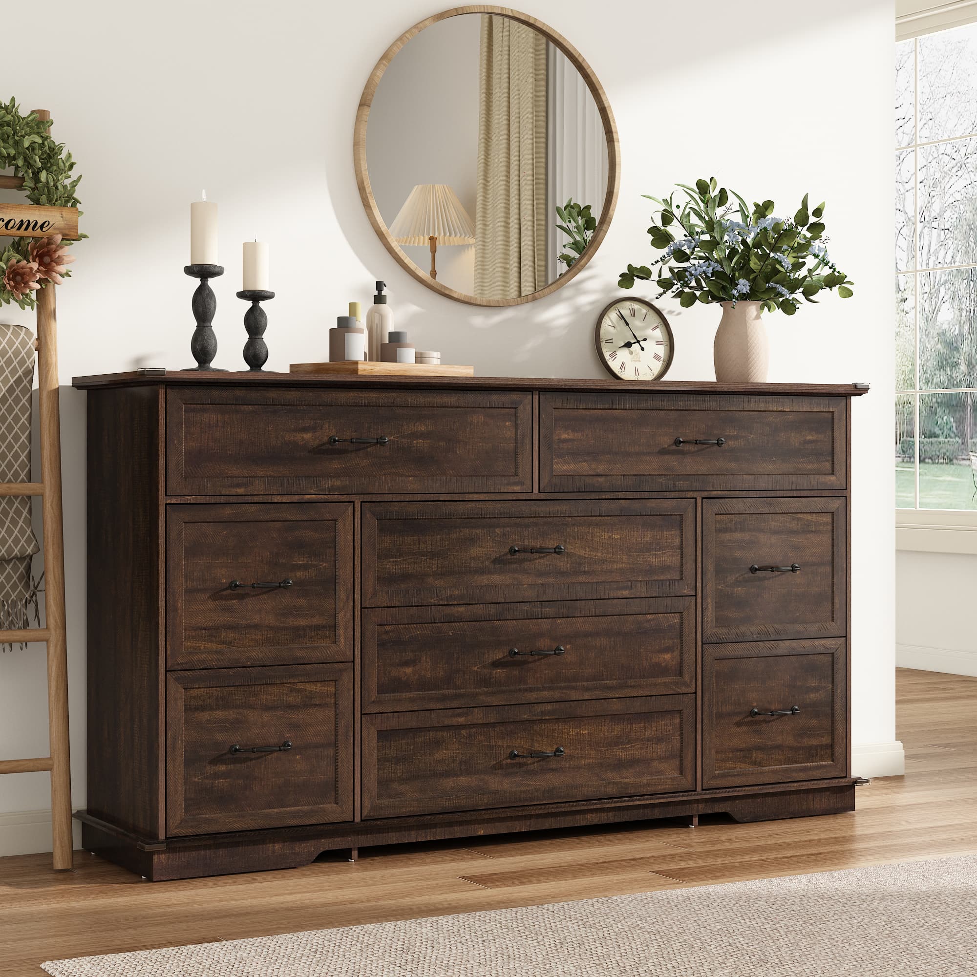 Farmhouse 9 Drawers Dresser for Bedroom, 63'' Wide Wood Chest of Drawers with Power Outlets