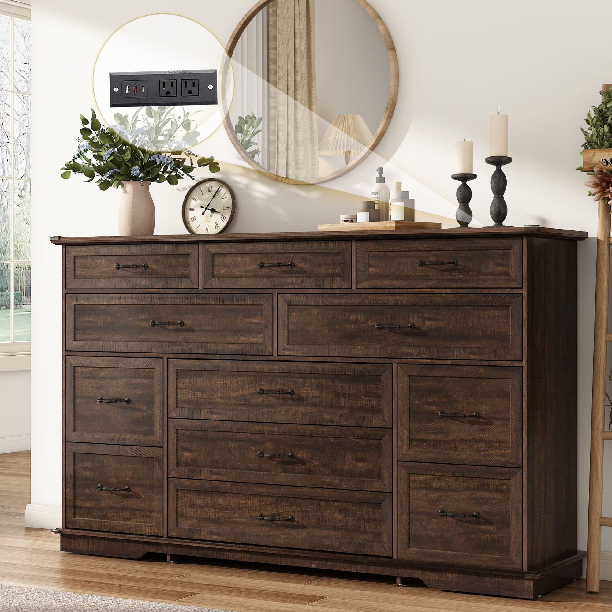 Farmhouse Dresser for Bedroom, 63'' Wide Wood Chest of Drawers with Power Outlets