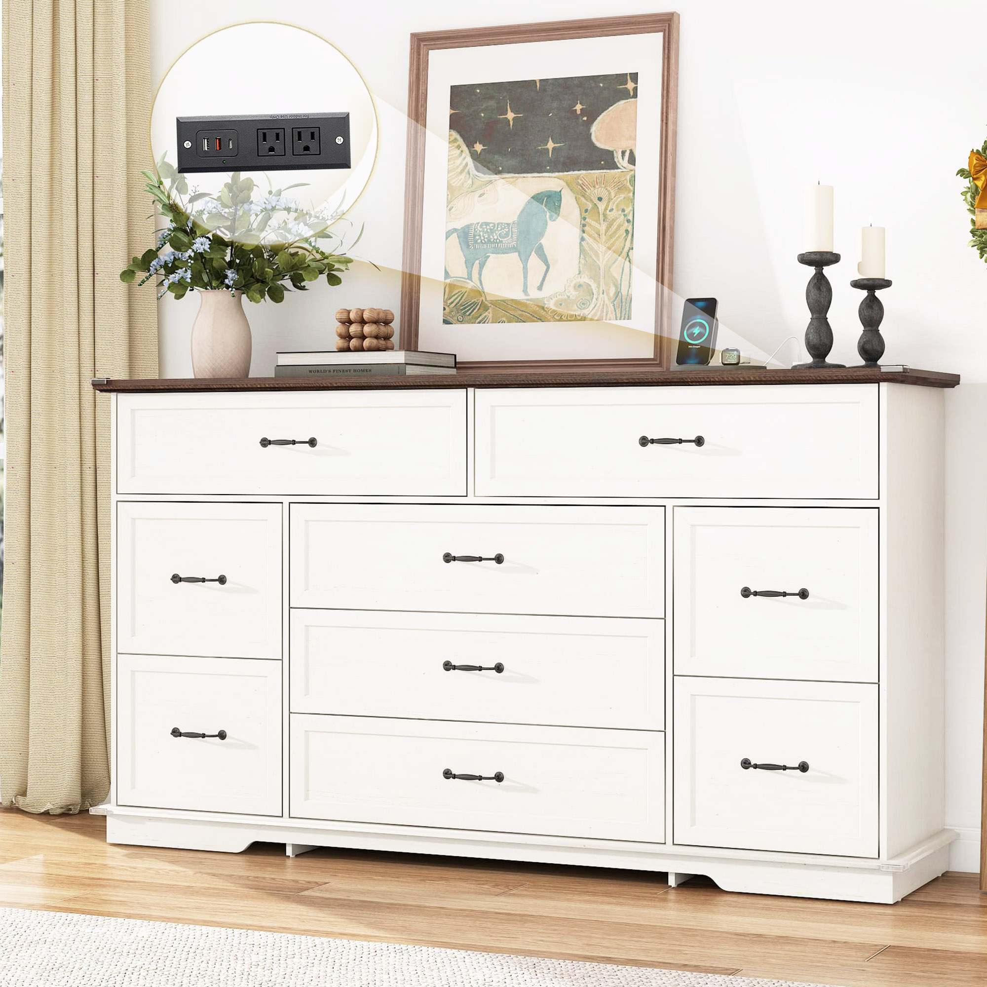 Farmhouse 9 Drawers Dresser for Bedroom, 63'' Wide Wood Chest of Drawers with Power Outlets
