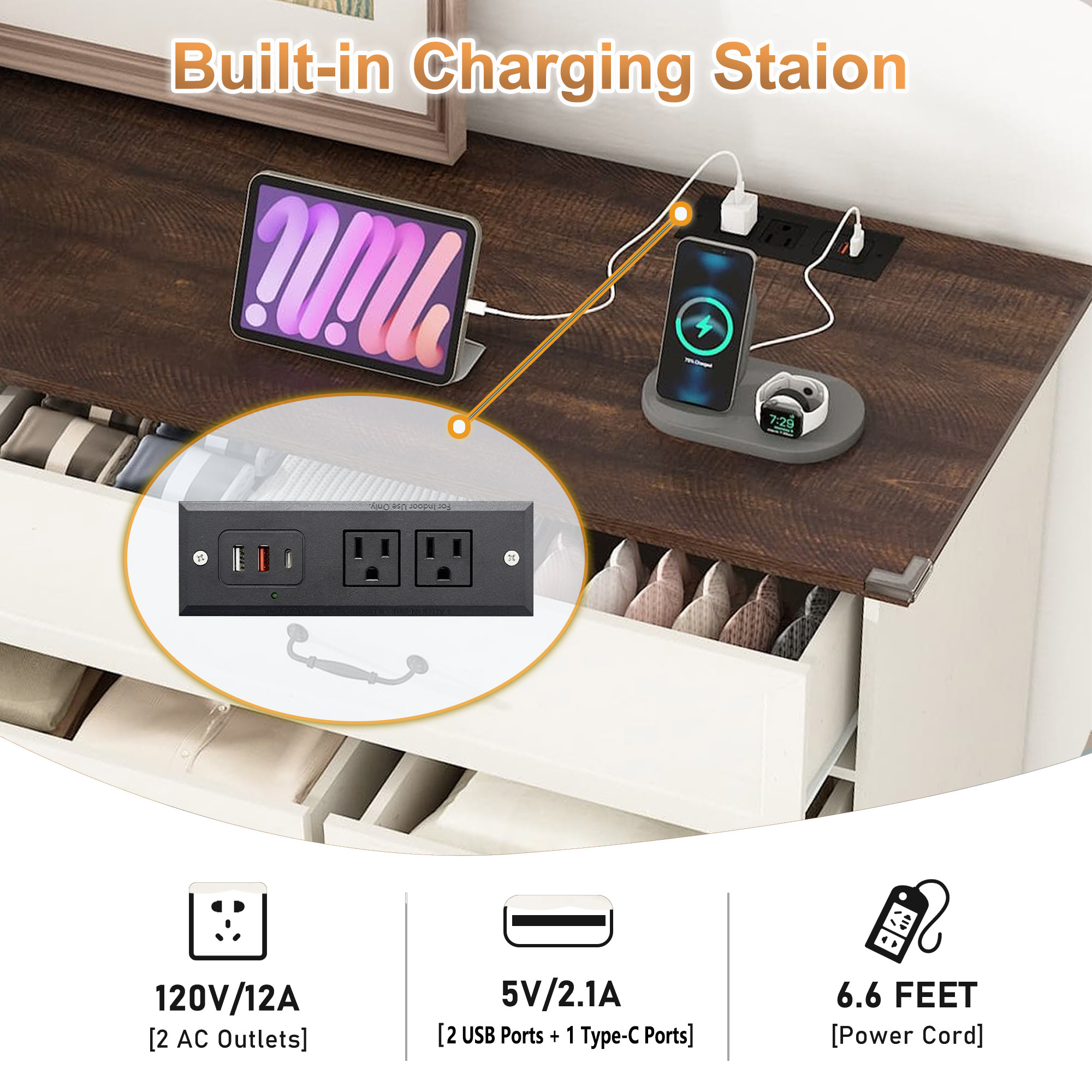 Farmhouse 9 Drawers Dresser for Bedroom, 63'' Wide Wood Chest of Drawers with Power Outlets