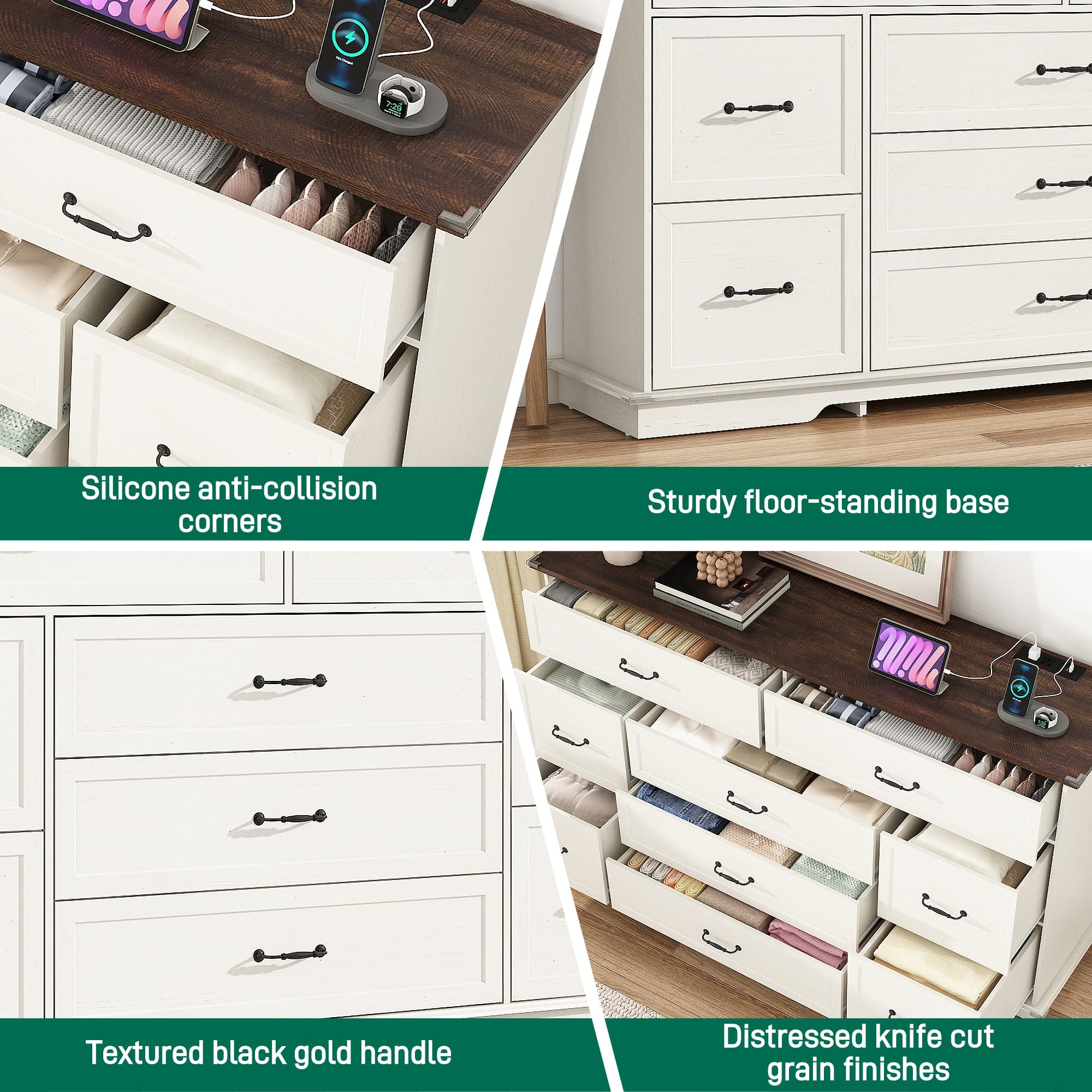 Farmhouse 9 Drawers Dresser for Bedroom, 63'' Wide Wood Chest of Drawers with Power Outlets