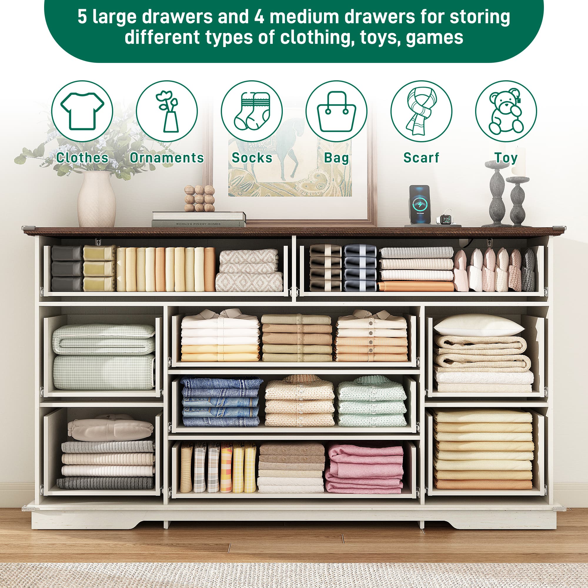 Farmhouse 9 Drawers Dresser for Bedroom, 63'' Wide Wood Chest of Drawers with Power Outlets