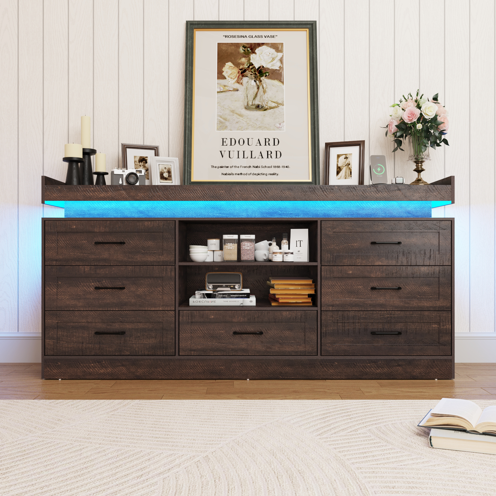 7 drawer dresser with Charging Station and LED Light, Long dresser with Wide Drawers and Metal Handles, farmhouse dresser for Bedroom, Living Room, Entryway, Hallway