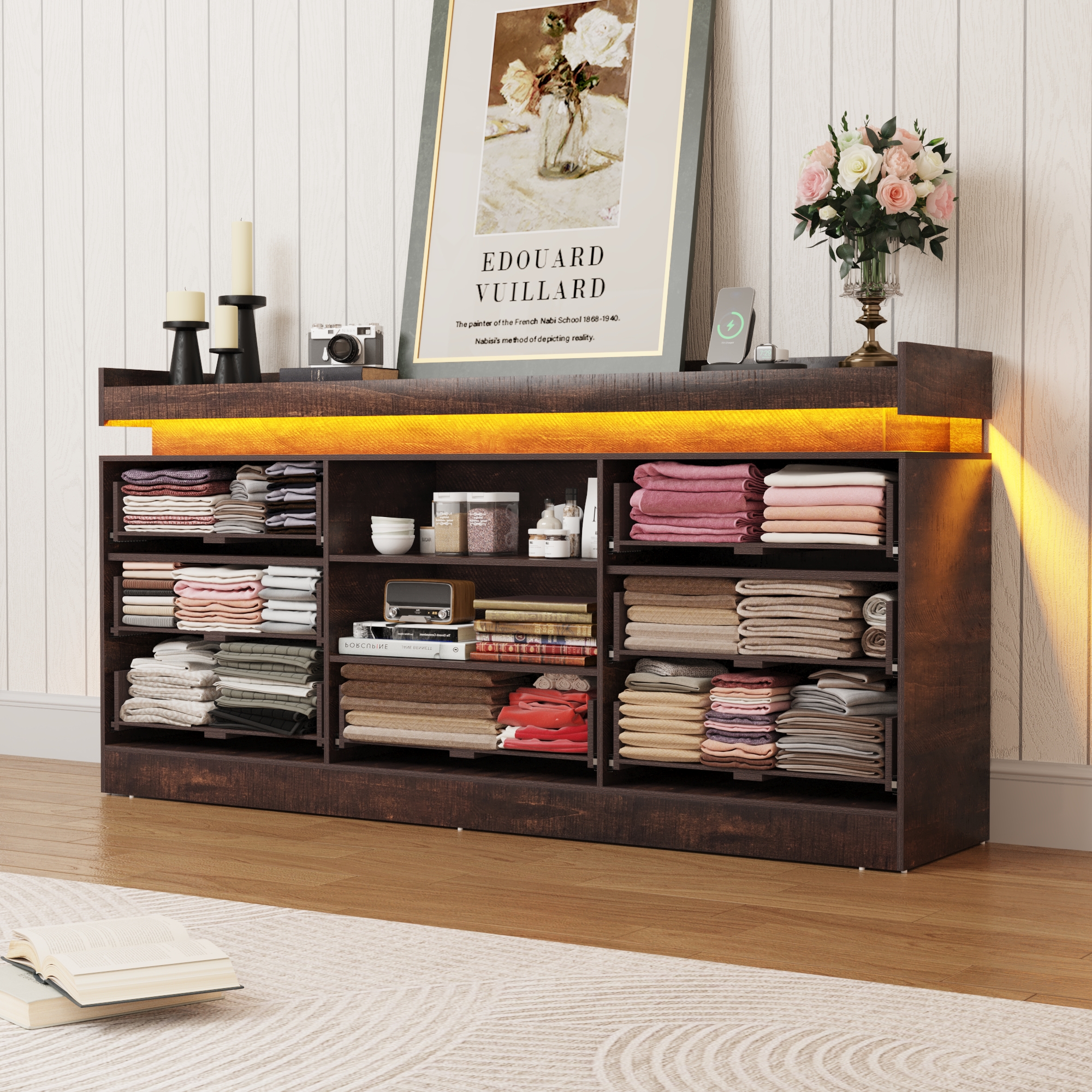 7 drawer dresser with Charging Station and LED Light, Long dresser with Wide Drawers and Metal Handles, farmhouse dresser for Bedroom, Living Room, Entryway, Hallway