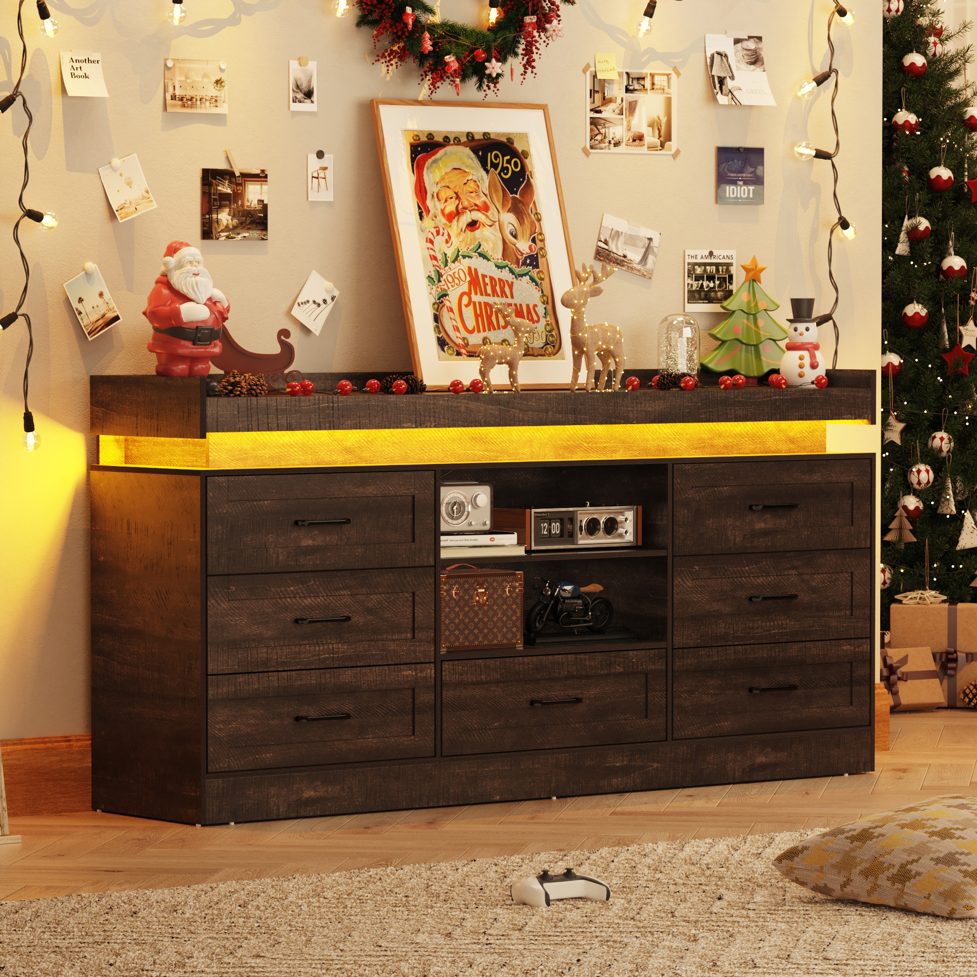 7 drawer dresser with Charging Station and LED Light, Long dresser with Wide Drawers and Metal Handles, farmhouse dresser for Bedroom, Living Room, Entryway, Hallway