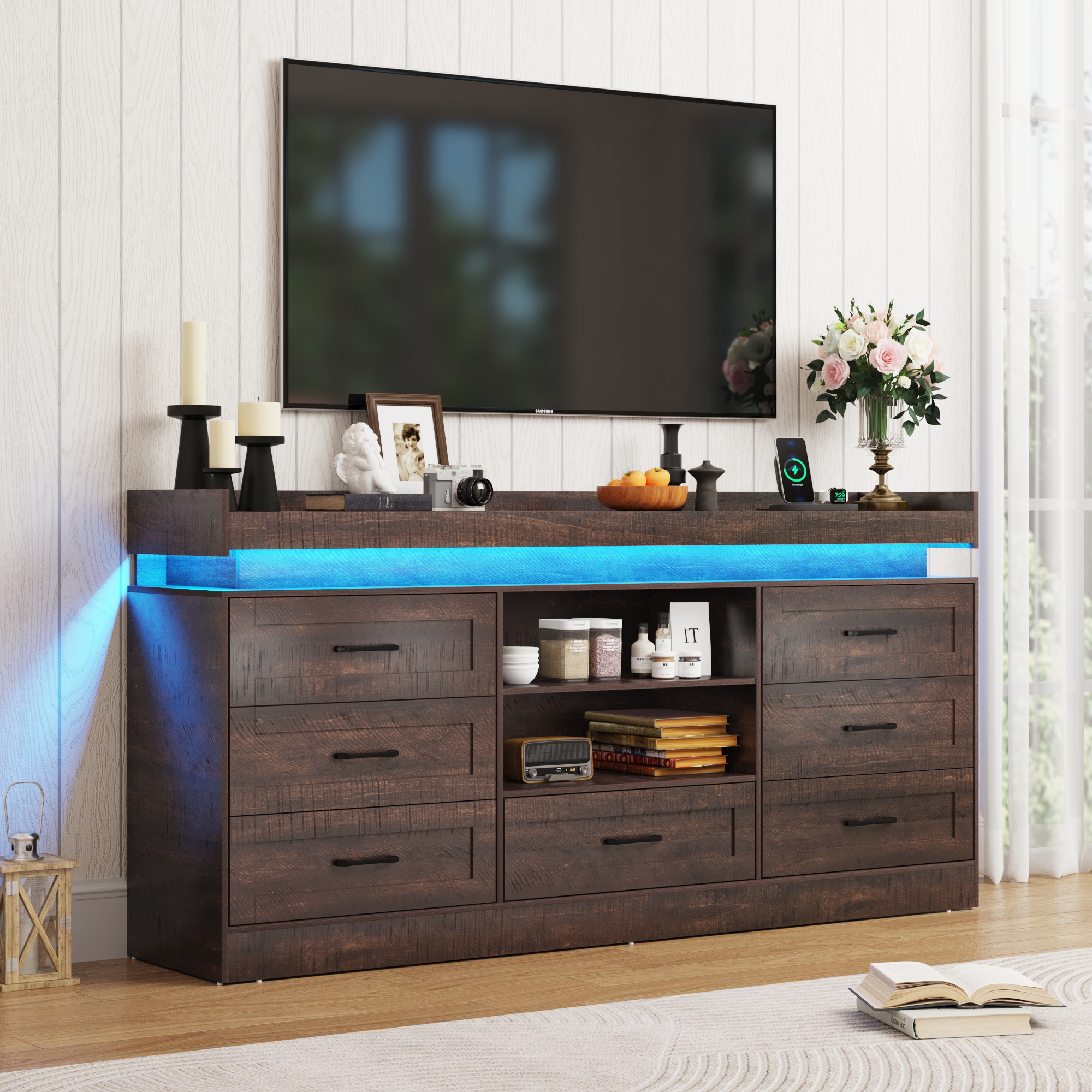 7 drawer dresser with Charging Station and LED Light, Long dresser with Wide Drawers and Metal Handles, farmhouse dresser for Bedroom, Living Room, Entryway, Hallway